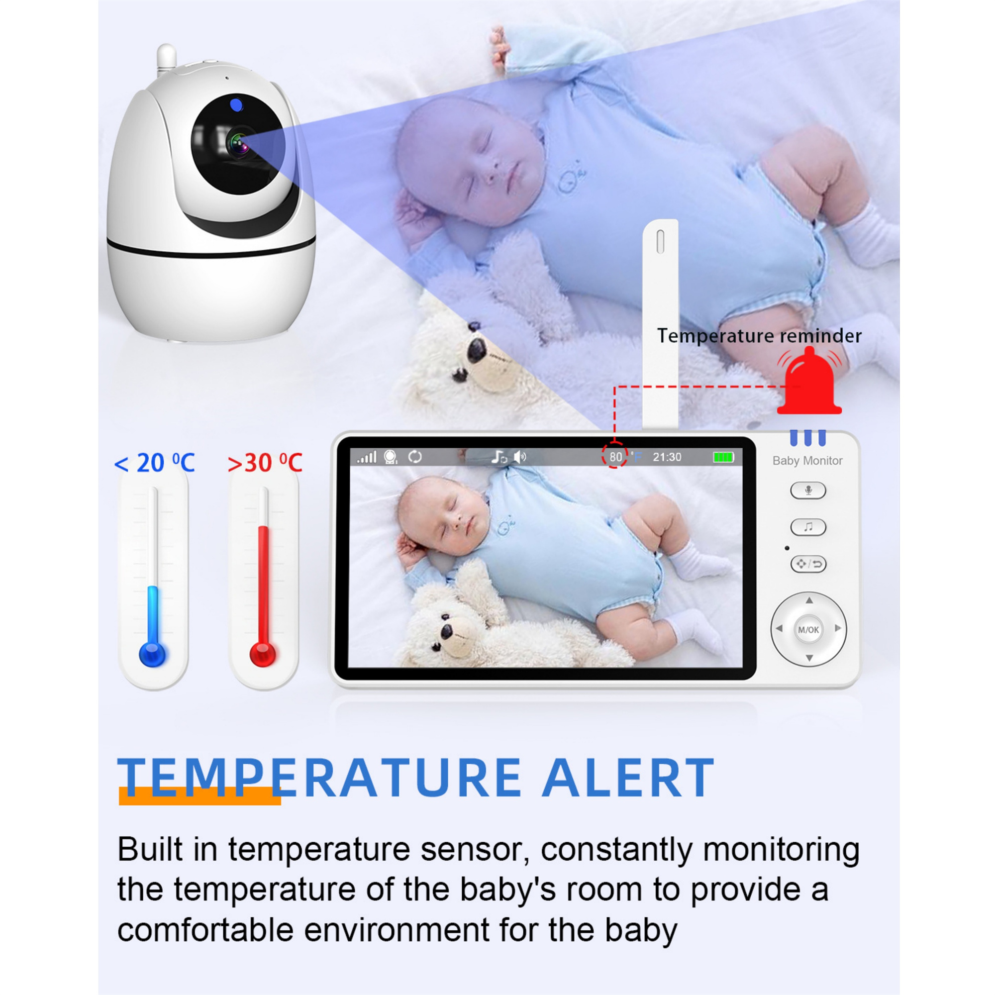 Babyfon mit Bild eines schlafenden Babys, Temperaturwarnungen und Thermometersymbolen.