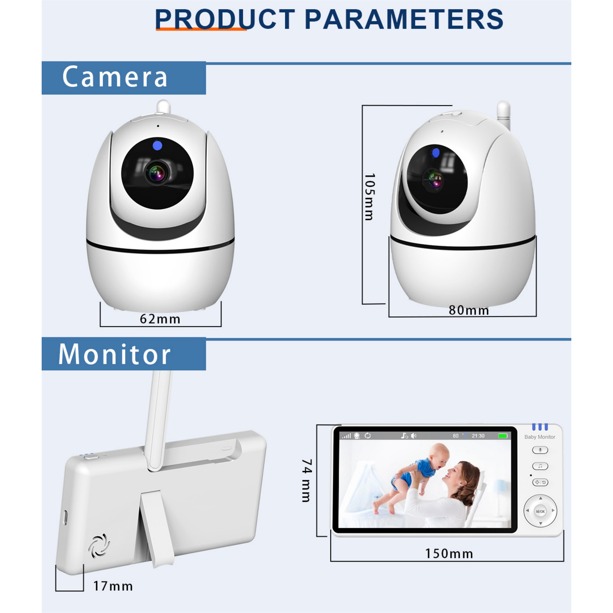 Diagramm eines Babyphones, weiße Kameras und ein Monitor, mit Messungen.