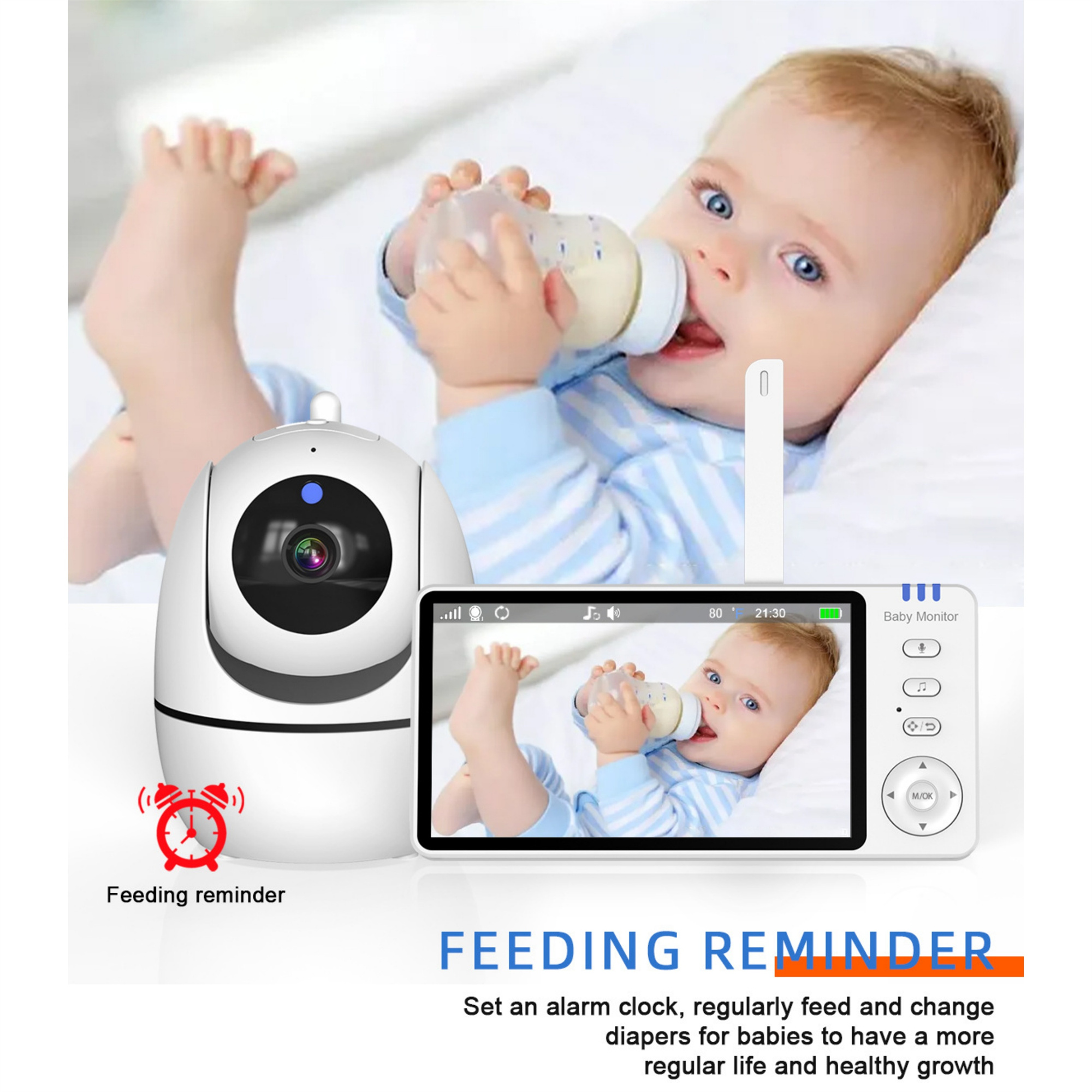 Ein Baby trinkt aus einer Flasche. Ein Babyphone und ein Wecker sind im Vordergrund.