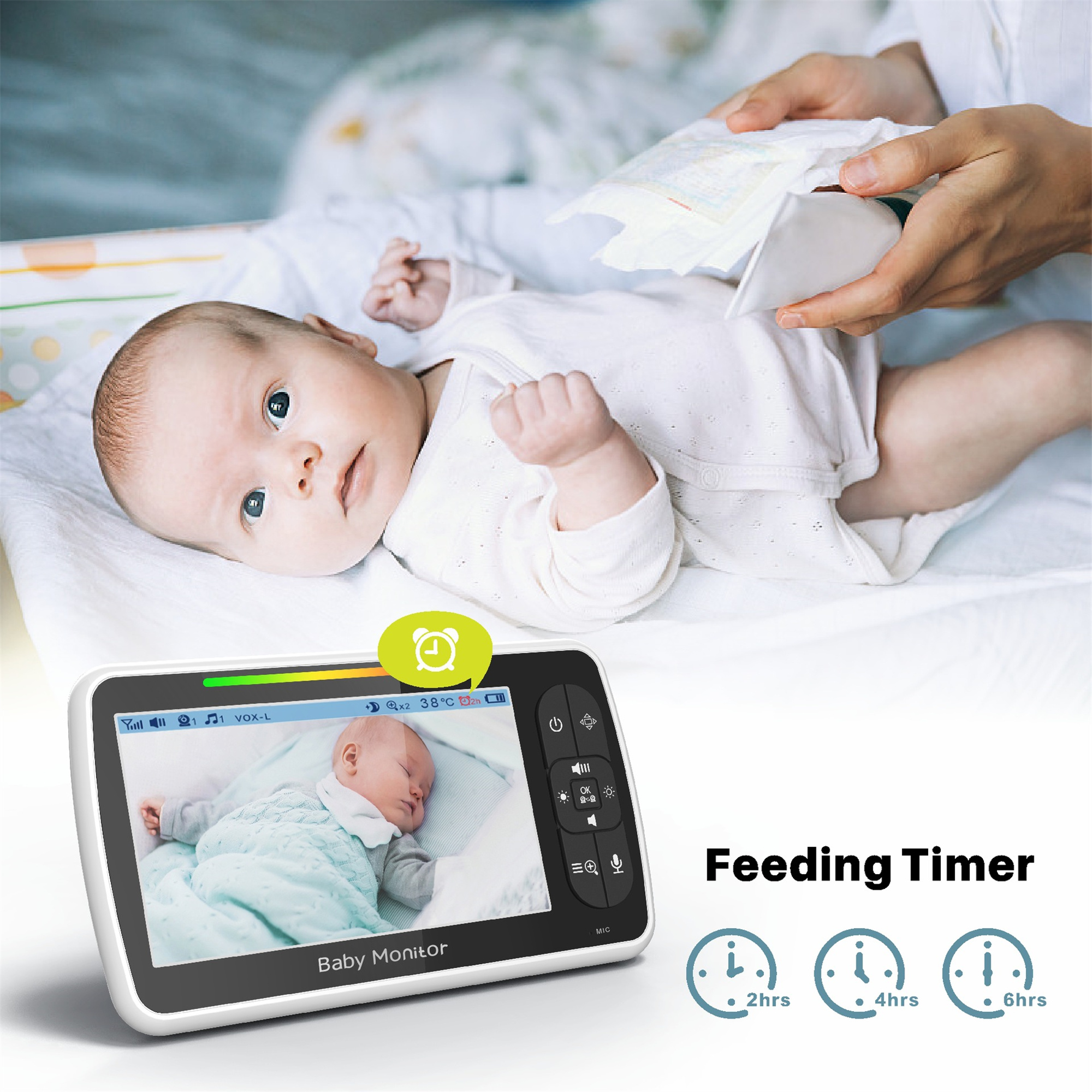Babyphone zeigt schlafendes Baby. Timer-Symbole zeigen 2, 4 und 6 Stunden an.