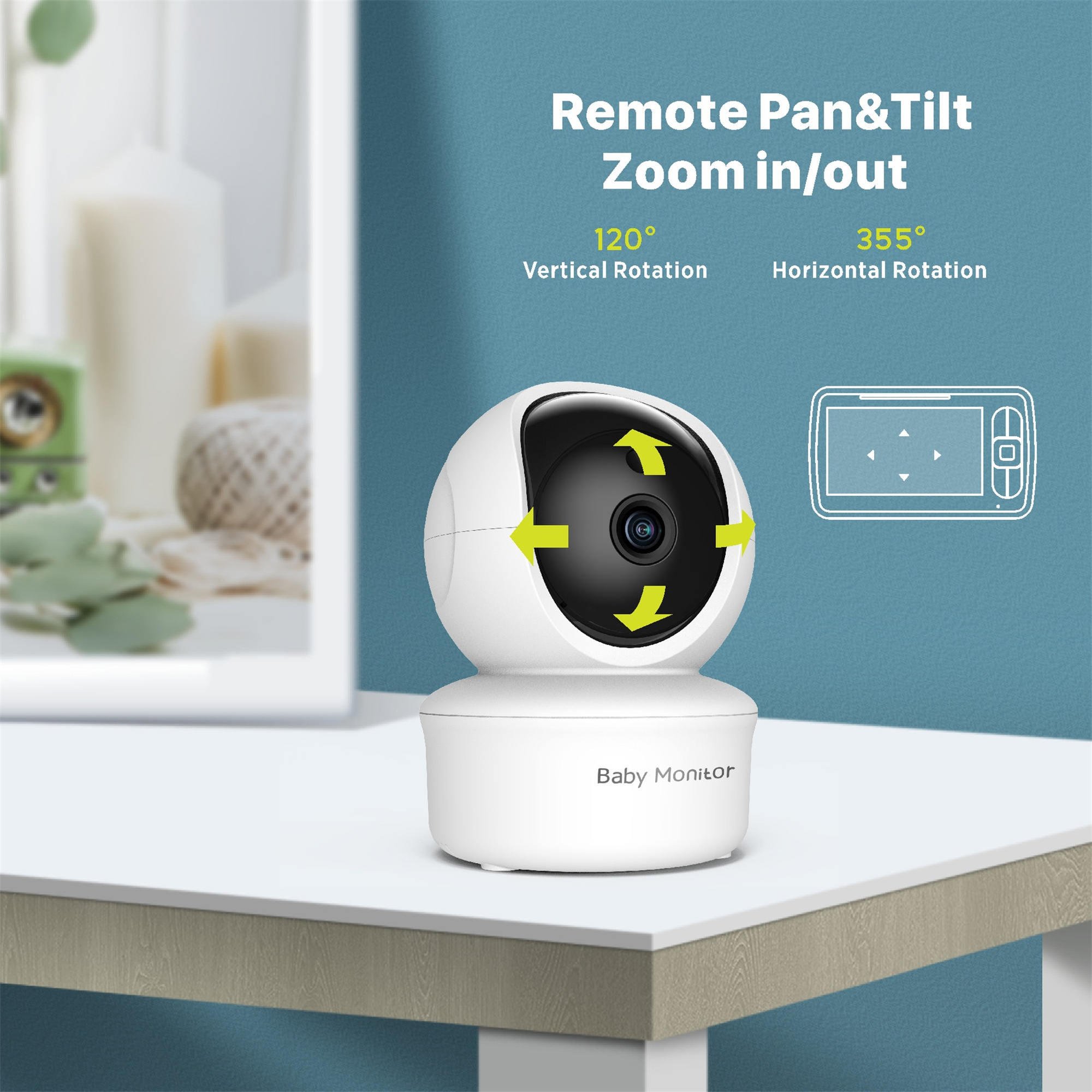 Weißer Baby-Monitor mit Kamera und Text über Dreh- und Zoomfunktionen auf einem Tisch.