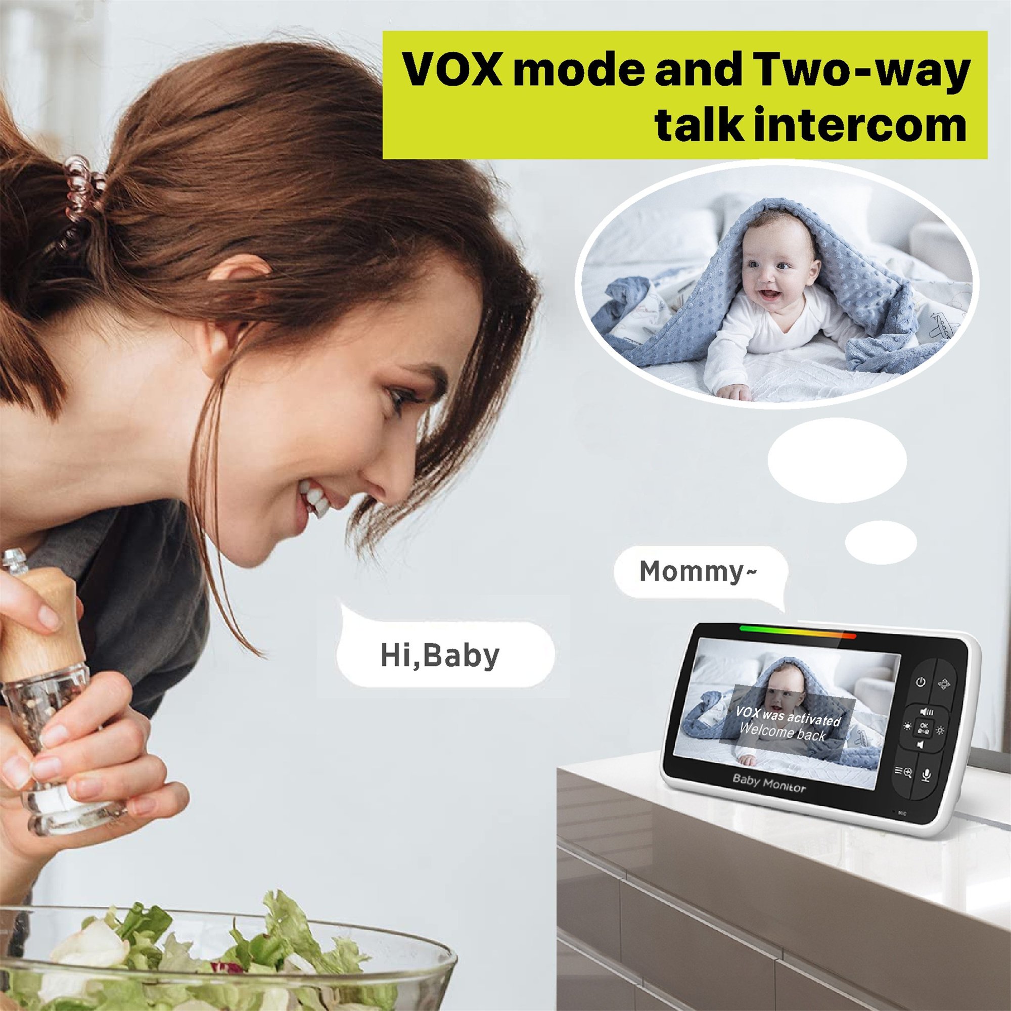 Eine Frau lächelt einen Baby-Monitor an, der ein Baby anzeigt. Textblasen erscheinen.
