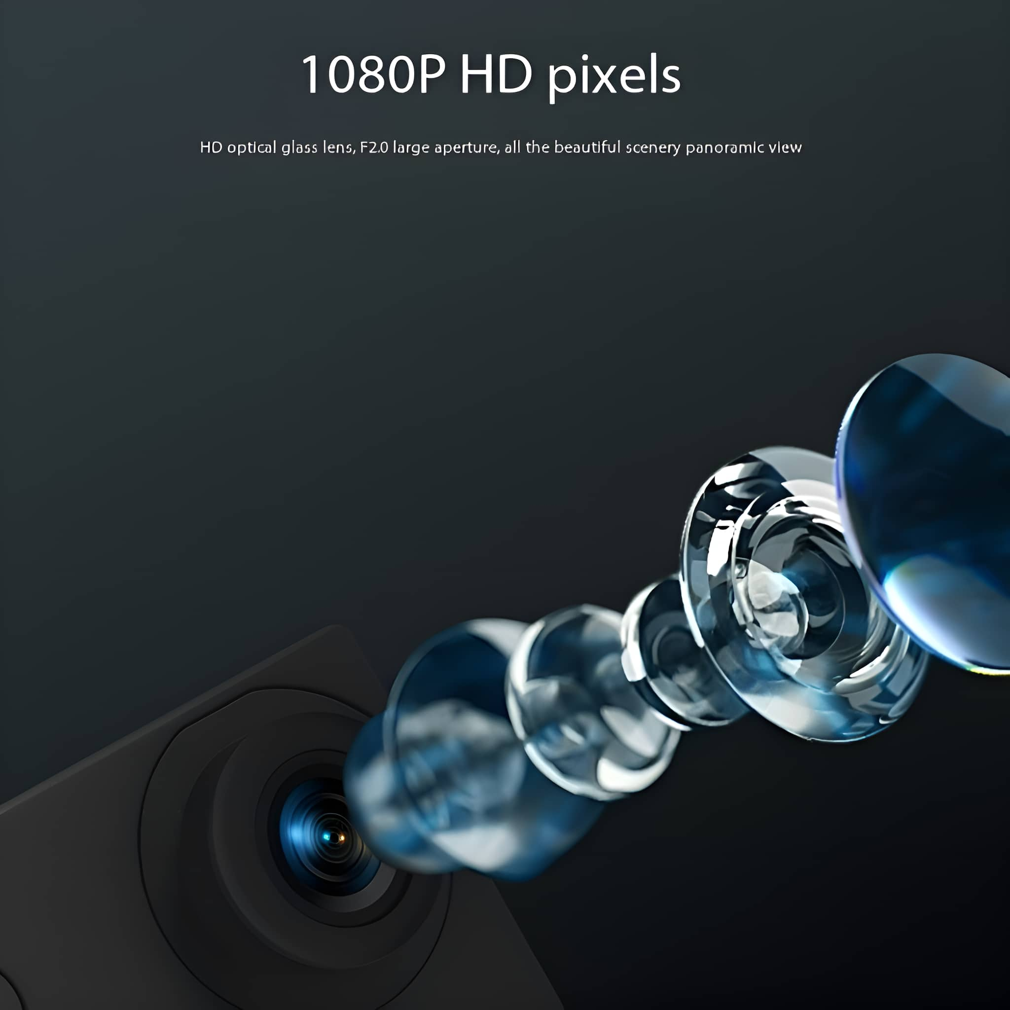 Eine Nahaufnahme eines Kameraobjektivs mit Text, der HD-Pixel und optische Eigenschaften hervorhebt.