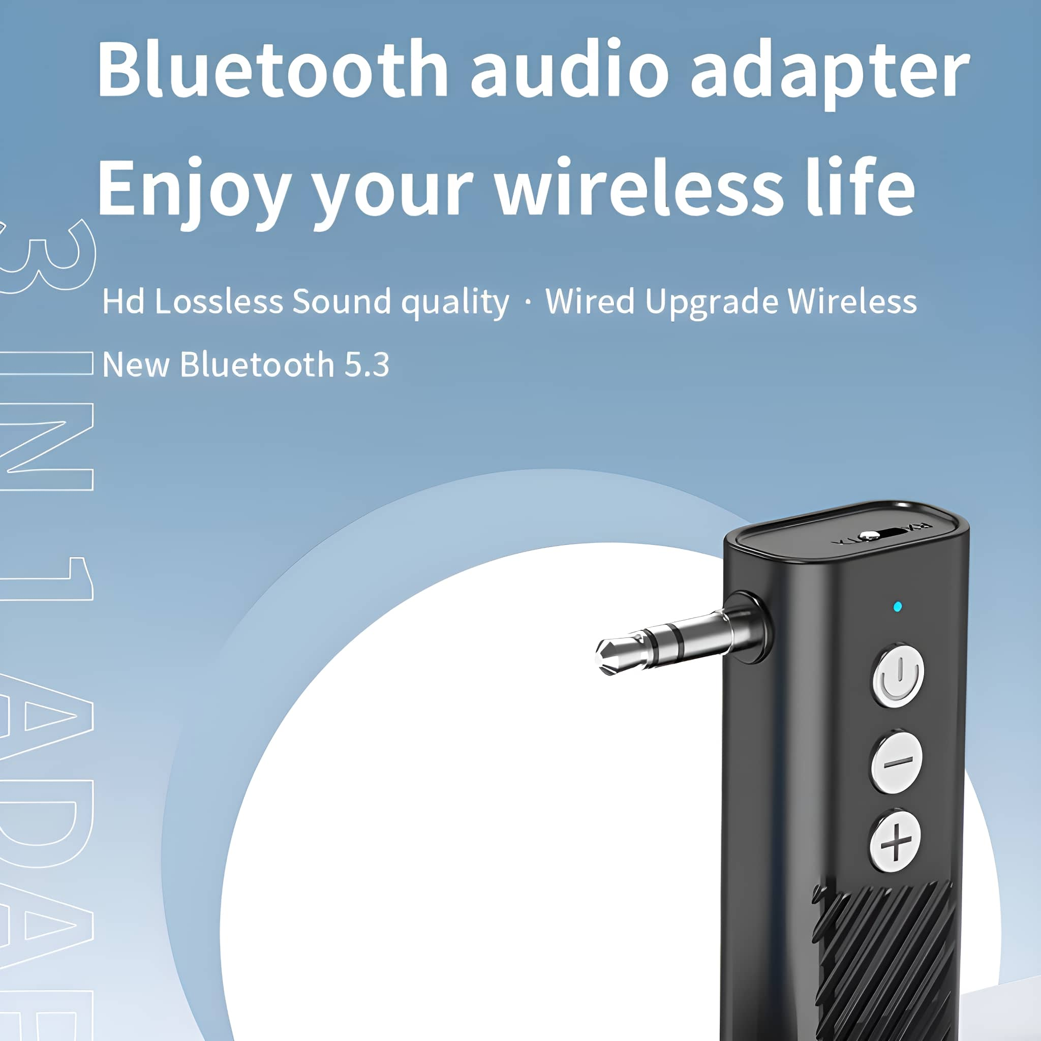 Schwarzer Bluetooth-Audioadapter mit 3,5-mm-Klinke, Ein- und Lautstärke.