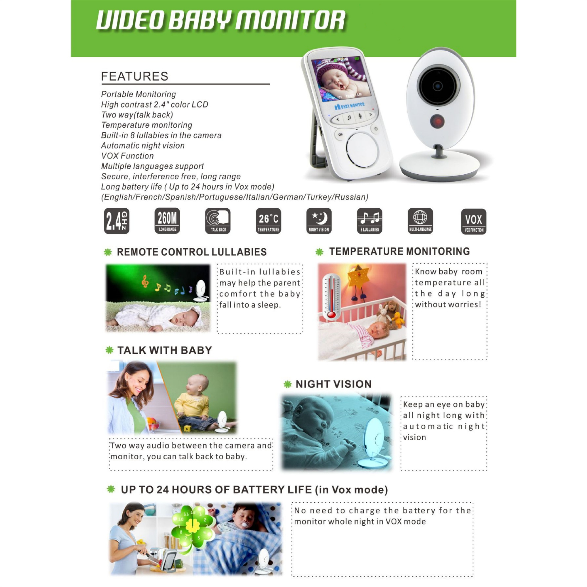 Babyphone mit Bildschirm und Kamera, Funktionen wie Temperatur, Nachtsicht und Fern-Schlaflieder.