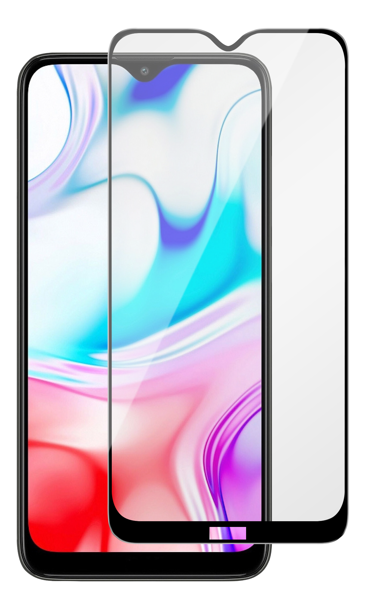 Uno smartphone con protezione schermo. Lo schermo mostra un motivo astratto colorato. La protezione copre parzialmente lo schermo.