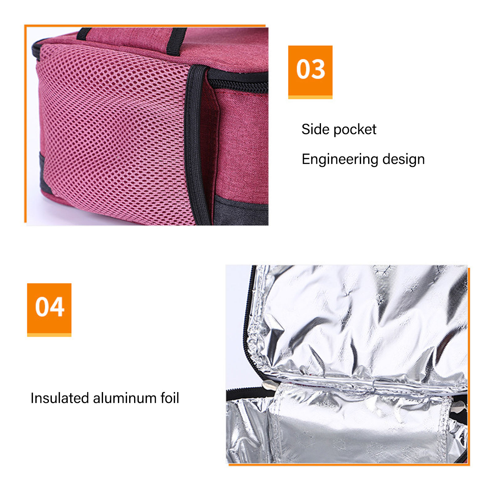 Nahaufnahme einer bordeauxroten Lunchtasche mit Seitentasche und isolierender Aluminiumfolie.