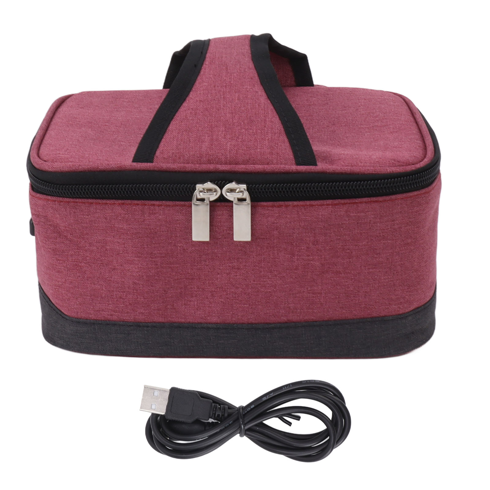 Eine weinrote Lunchtasche mit schwarzen Griffen und einem USB-Kabel.