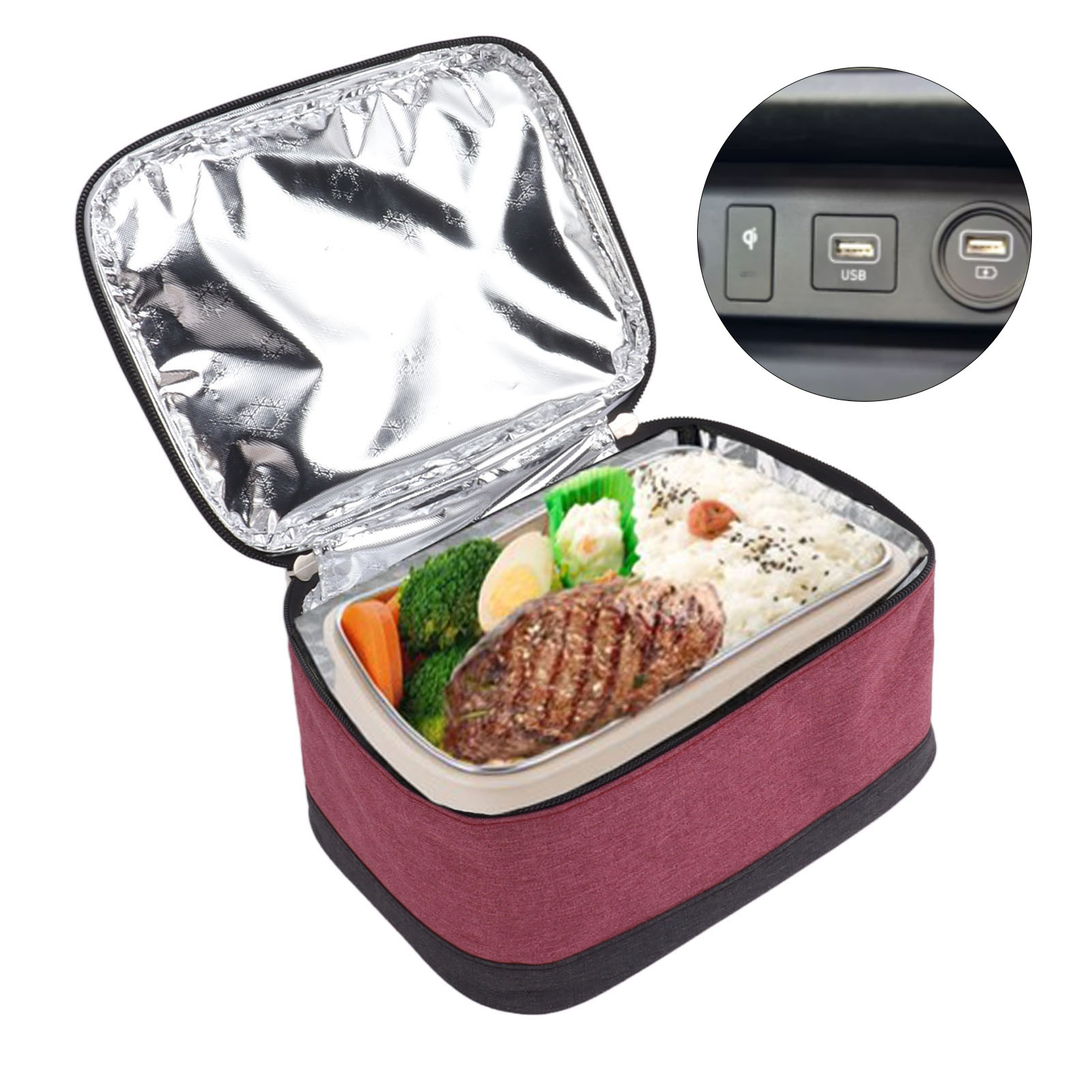 Eine Lunchtasche mit Essen; ein separates Bild von USB-Anschlüssen ist ebenfalls vorhanden.