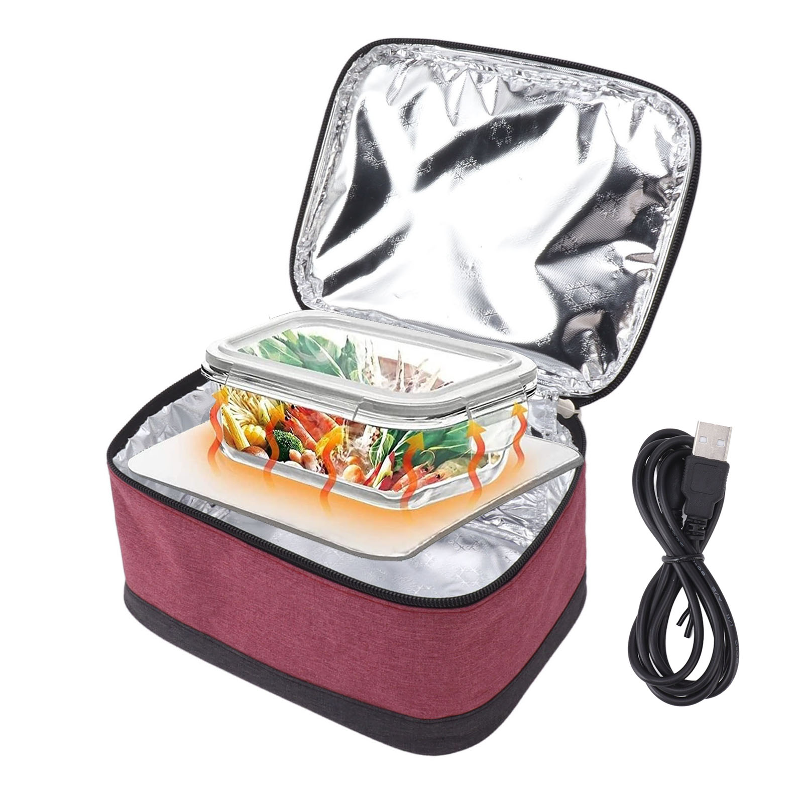 Eine weinrote Lunchtasche mit einem beheizten Behälter im Inneren. Ein USB-Kabel liegt daneben zur Stromversorgung.