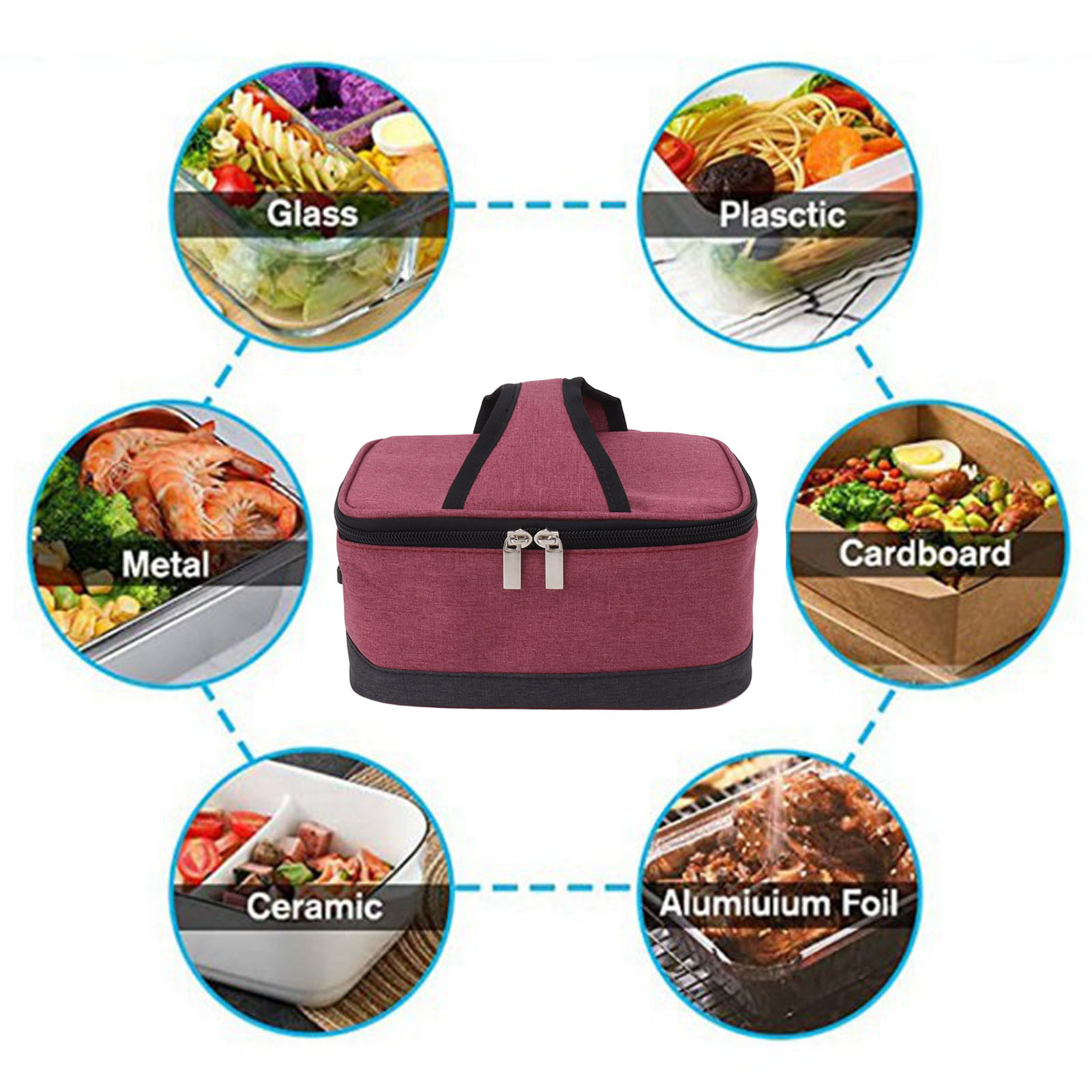 Lunchtasche, umgeben von Lebensmittelbehältern aus Glas, Kunststoff, Metall, Pappe, Folie und Keramik.