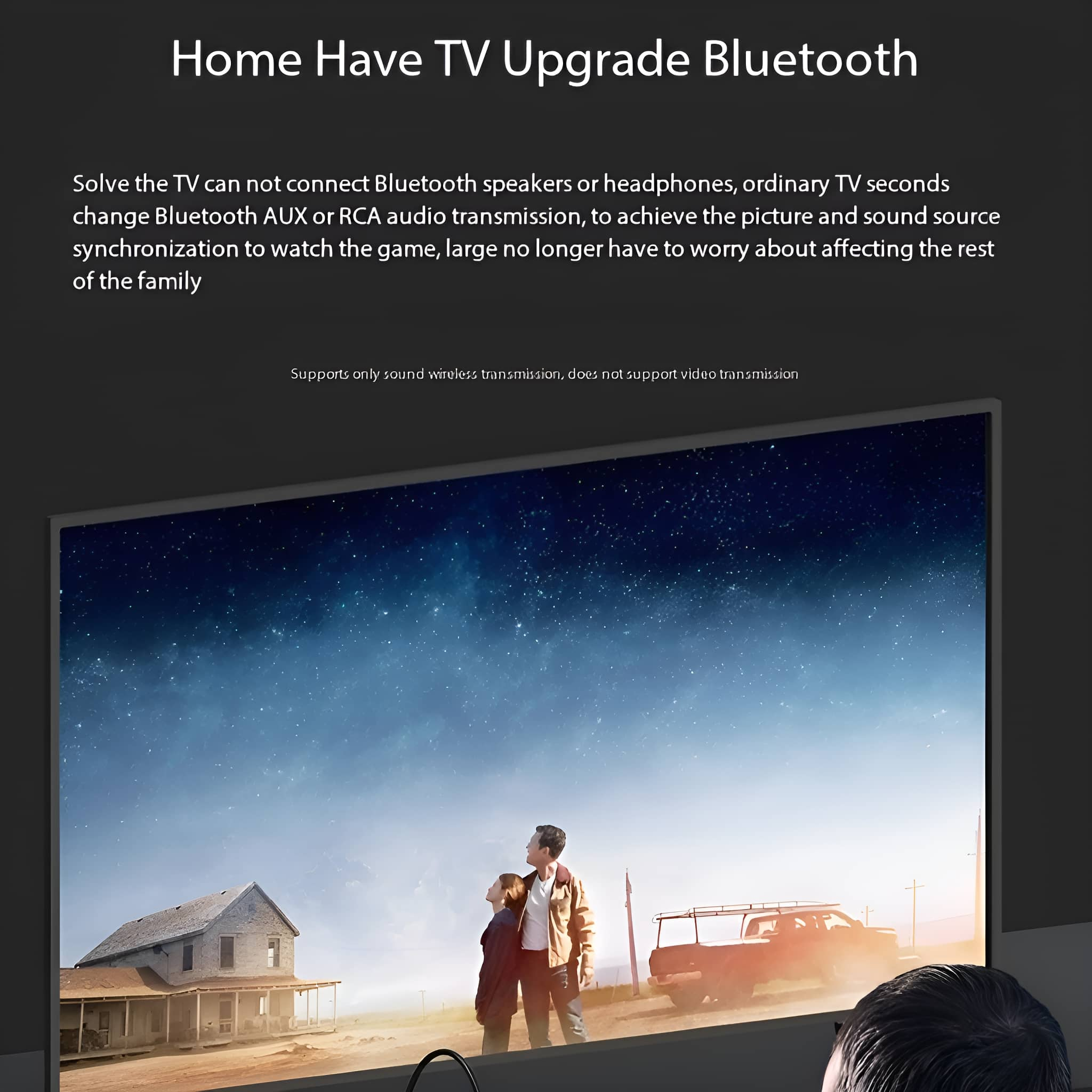 Ein Fernsehbildschirm zeigt einen Sternenhimmel. Ein Mann und ein Kind stehen und betrachten ein Haus. Der Text lautet: Home Have TV Upgrade Bluetooth.