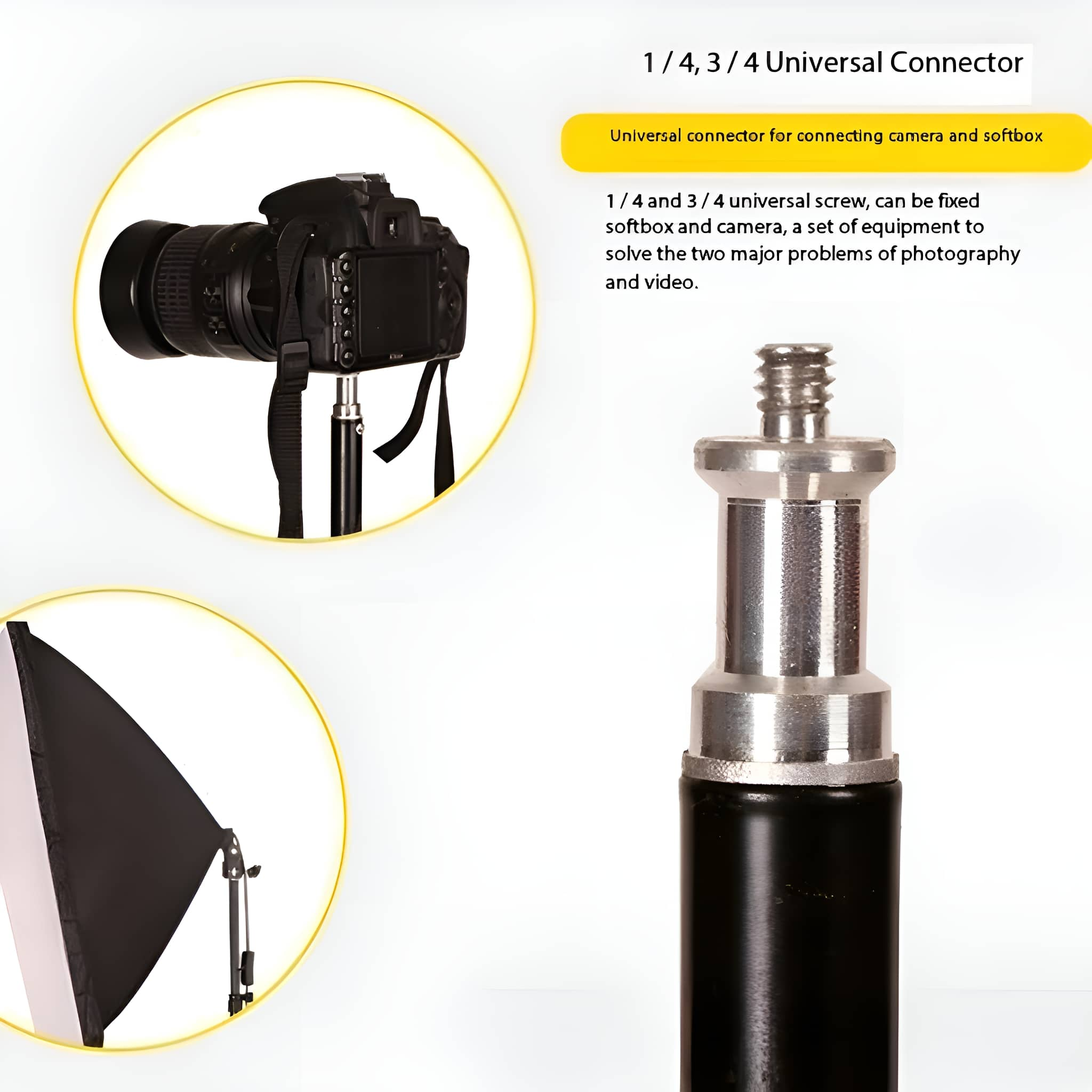 Ein Universalanschluss mit Kamera, Softbox und einem Ausrüstungssatz für die Fotografie.