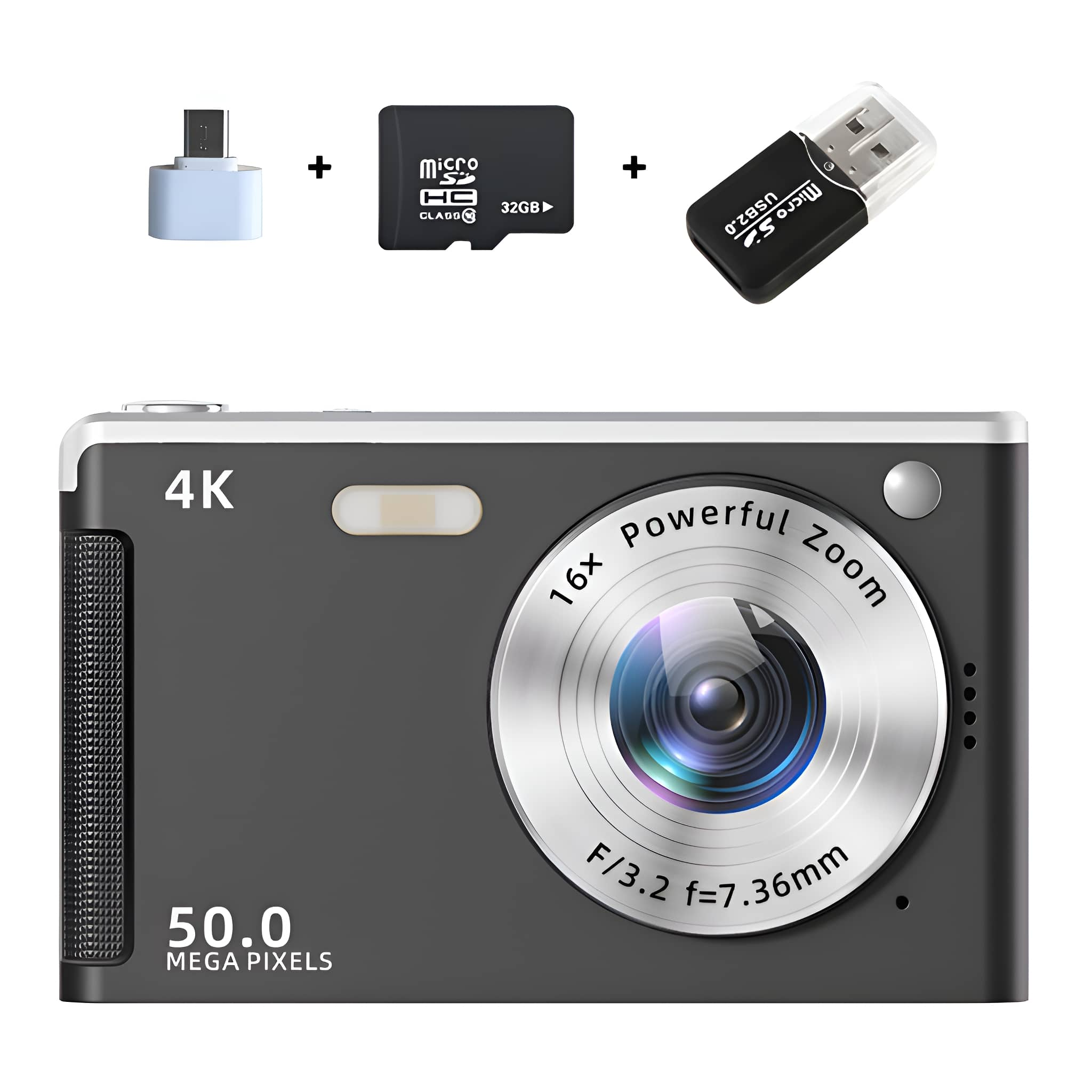 Schwarze Kamera mit Objektiv, Blitz, MicroSD-Karte, Adapter und USB-Stick. Weißer Hintergrund. 4K und 50MP vorne.
