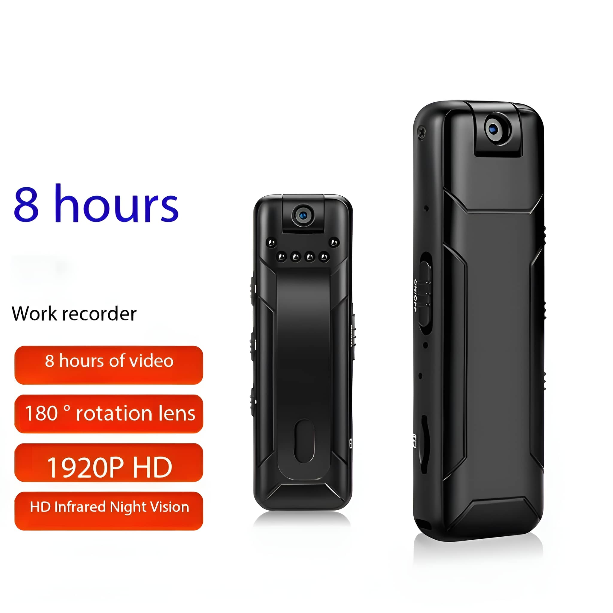 Drei kleine schwarze Videorekorder. Text enthält 8 Stunden und 1920P HD.