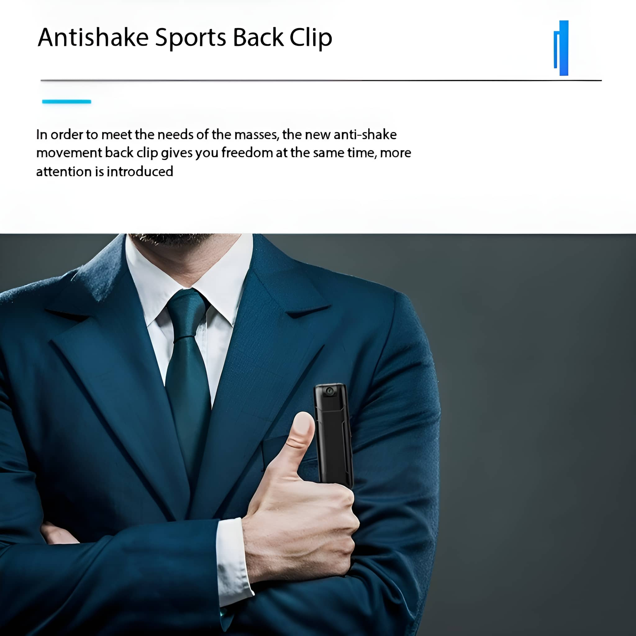 Ein Mann im Anzug hält ein schwarzes Gerät. Text: Antishake Sports Back Clip.