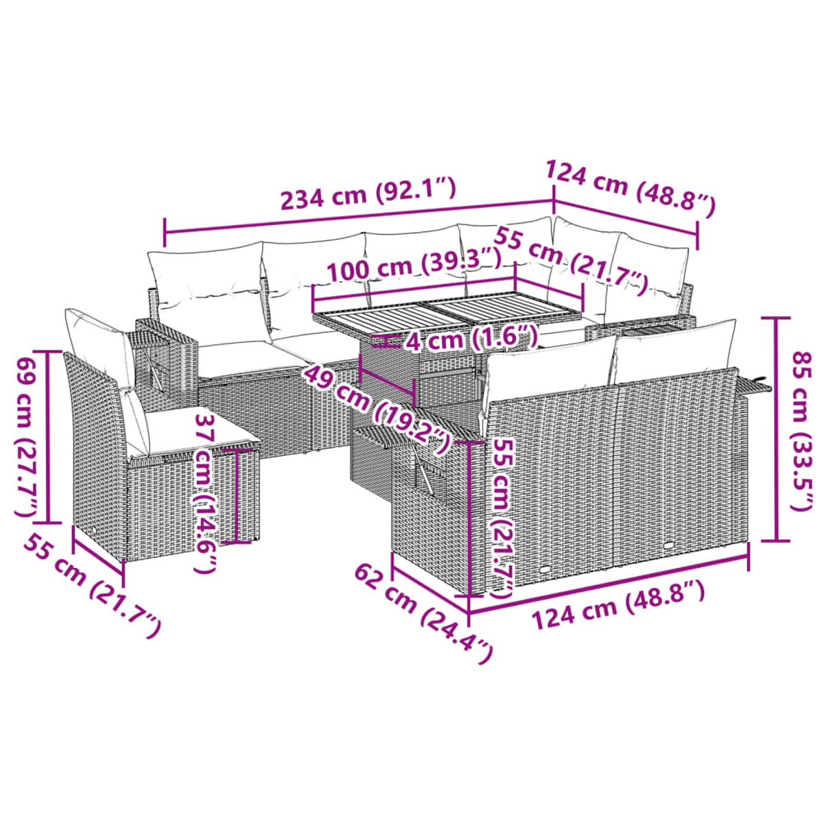 Set di mobili da esterno con dimensioni, tra cui divano, sedie e tavolo, design in vimini.