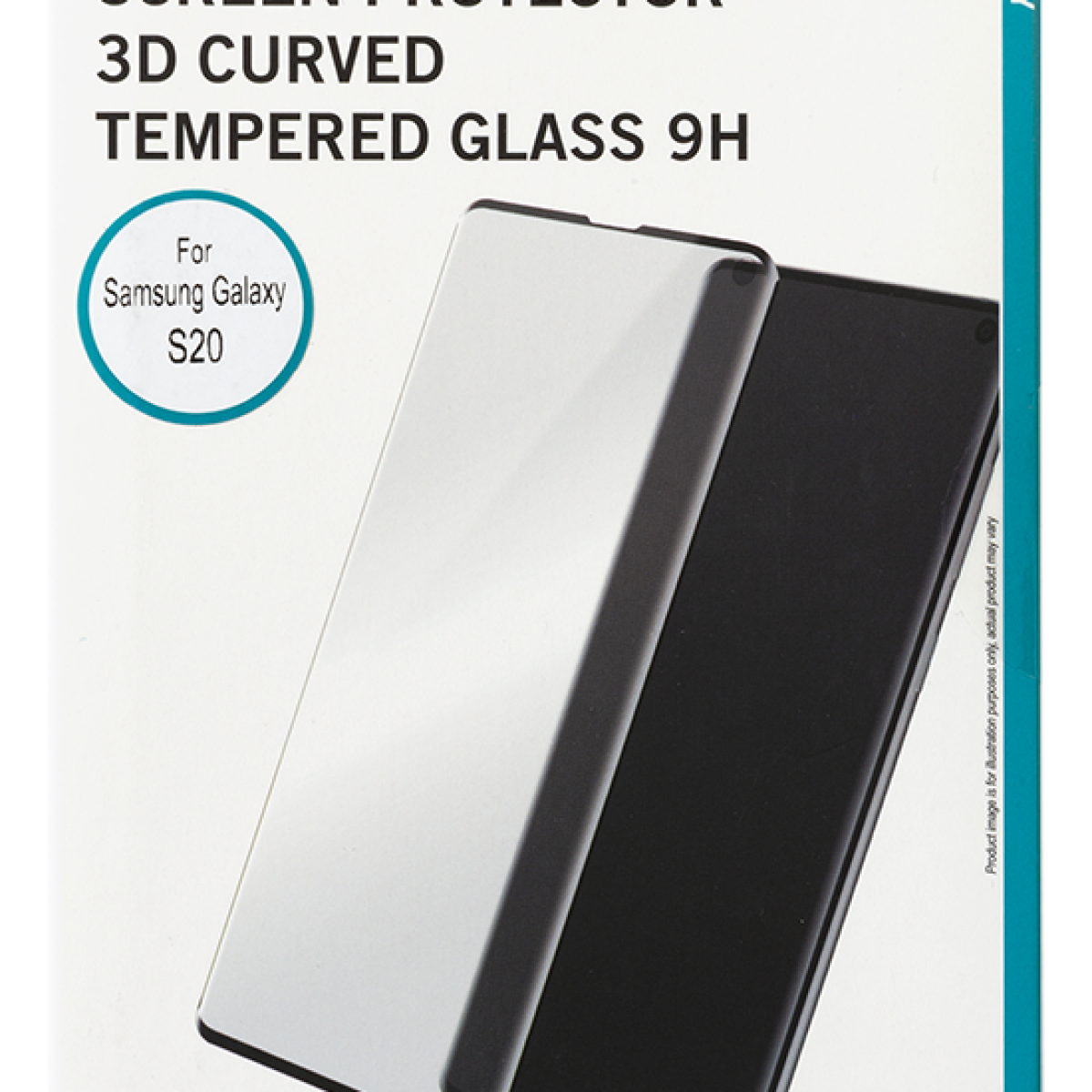 Eine Displayschutzfolienbox für das Samsung Galaxy S20. Sie zeigt einen Panzerglas-Schutz. Text: 3D Curved Tempered Glass 9H.