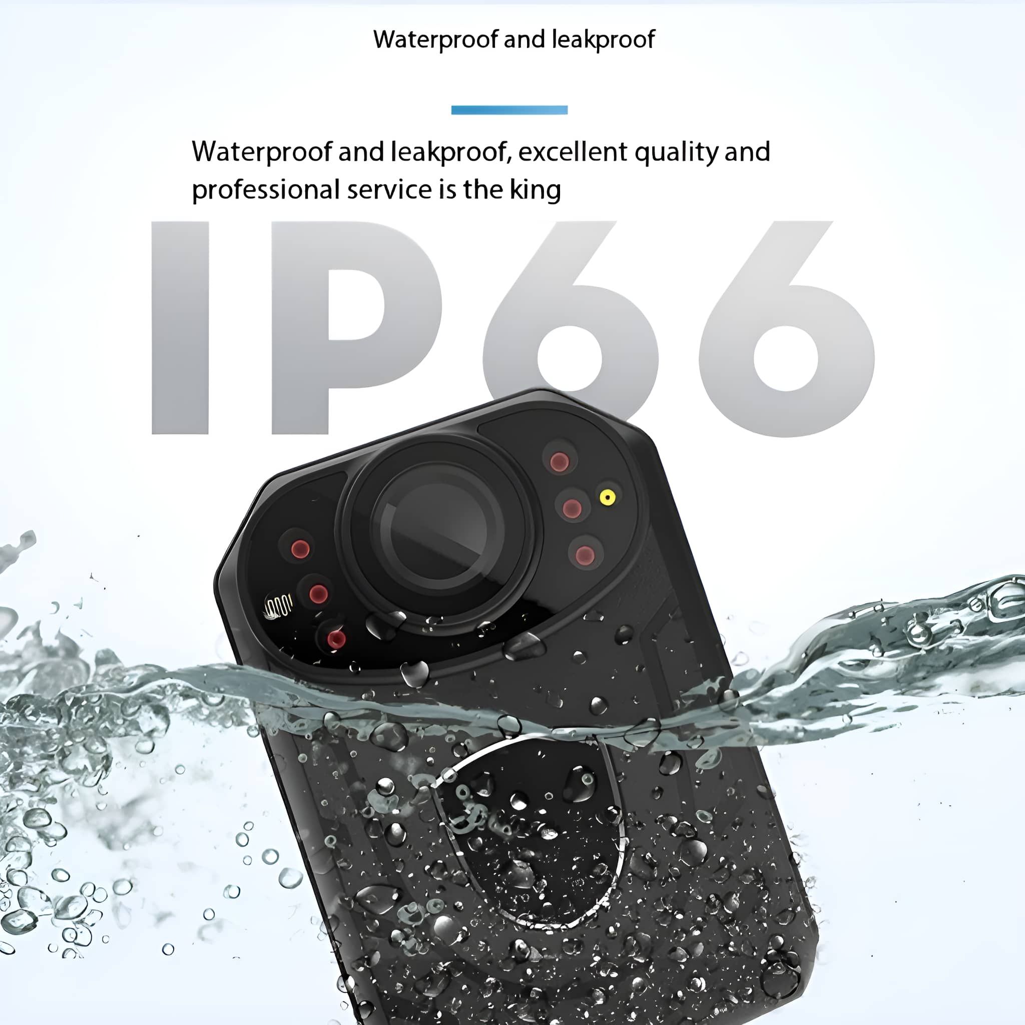 Eine schwarze, wasserdichte Kamera im Wasser, mit roten Lichtern.