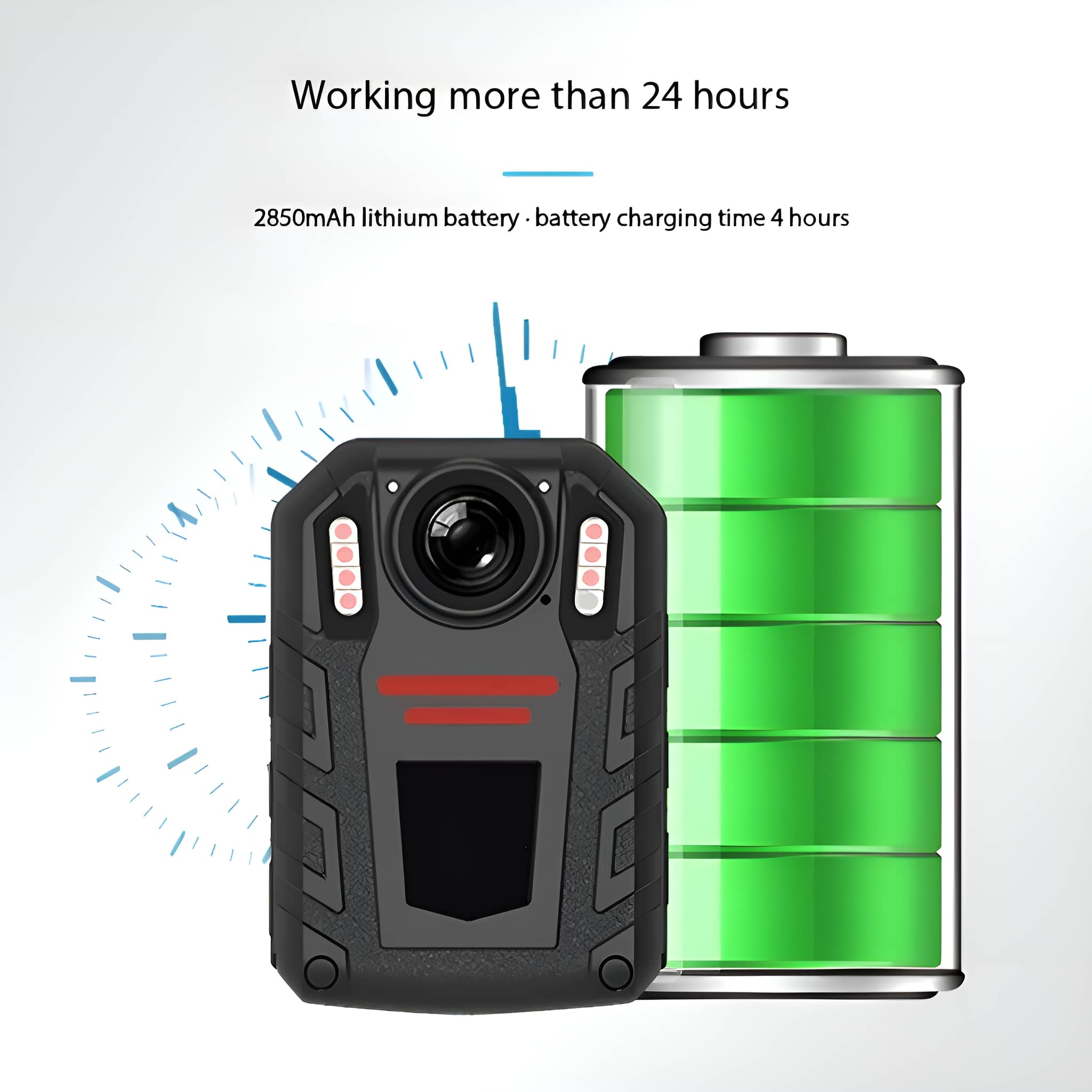 Schwarze Körperkamera mit grüner Batterie daneben. Körperkamera, Batterie.