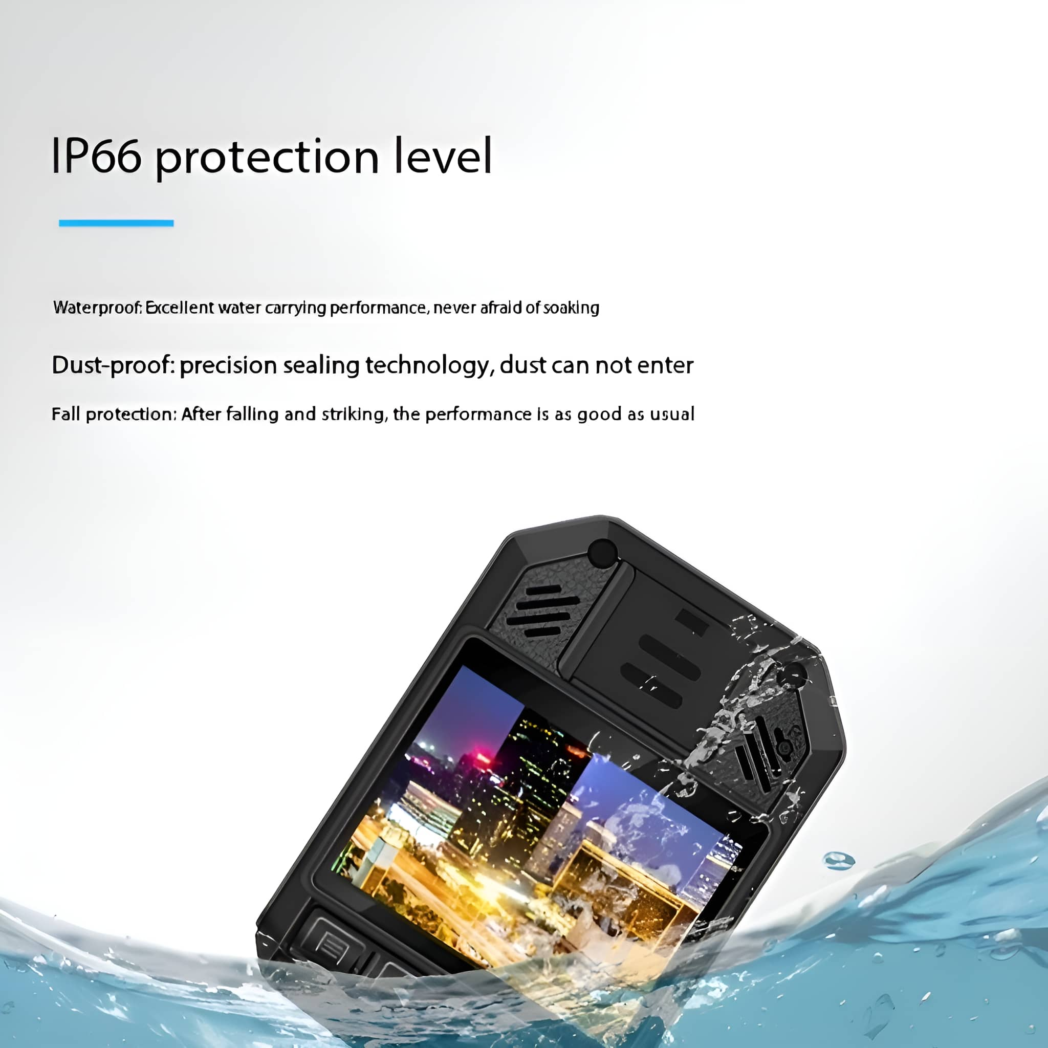 Schwarzes, robustes Telefon im Wasser, zeigt IP66-Schutzlevel, mit Text.