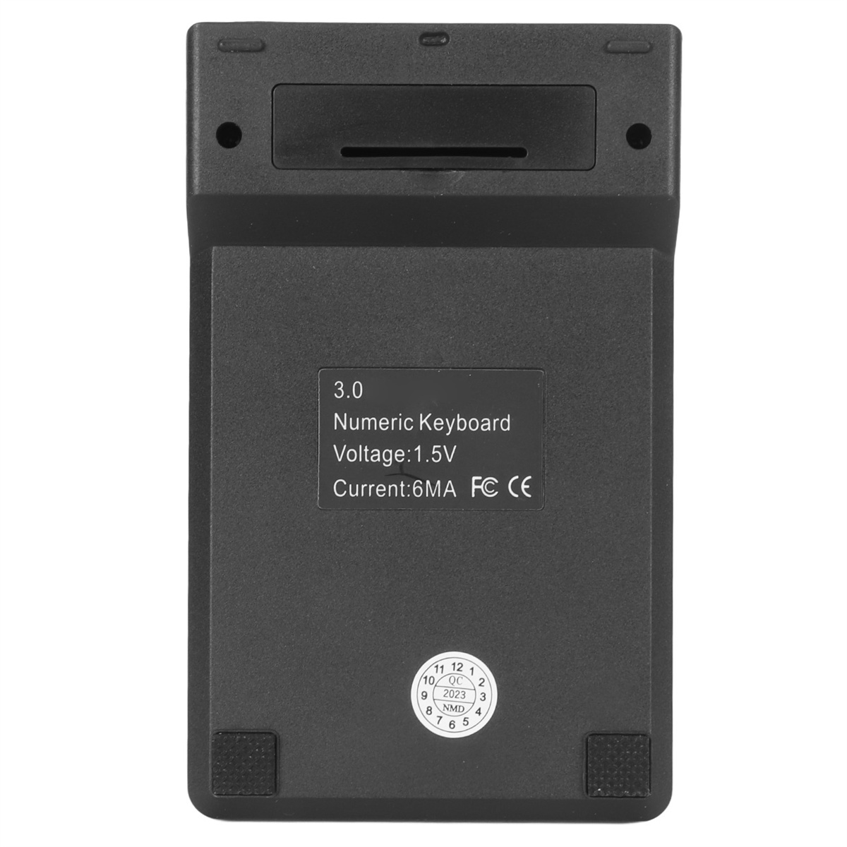 Schwarzer numerischer Tastenblock. Auf dem Etikett steht 3.0 Numeric Keyboard. Details sind Spannung:1,5 V, Strom:6MA und FCC CE.