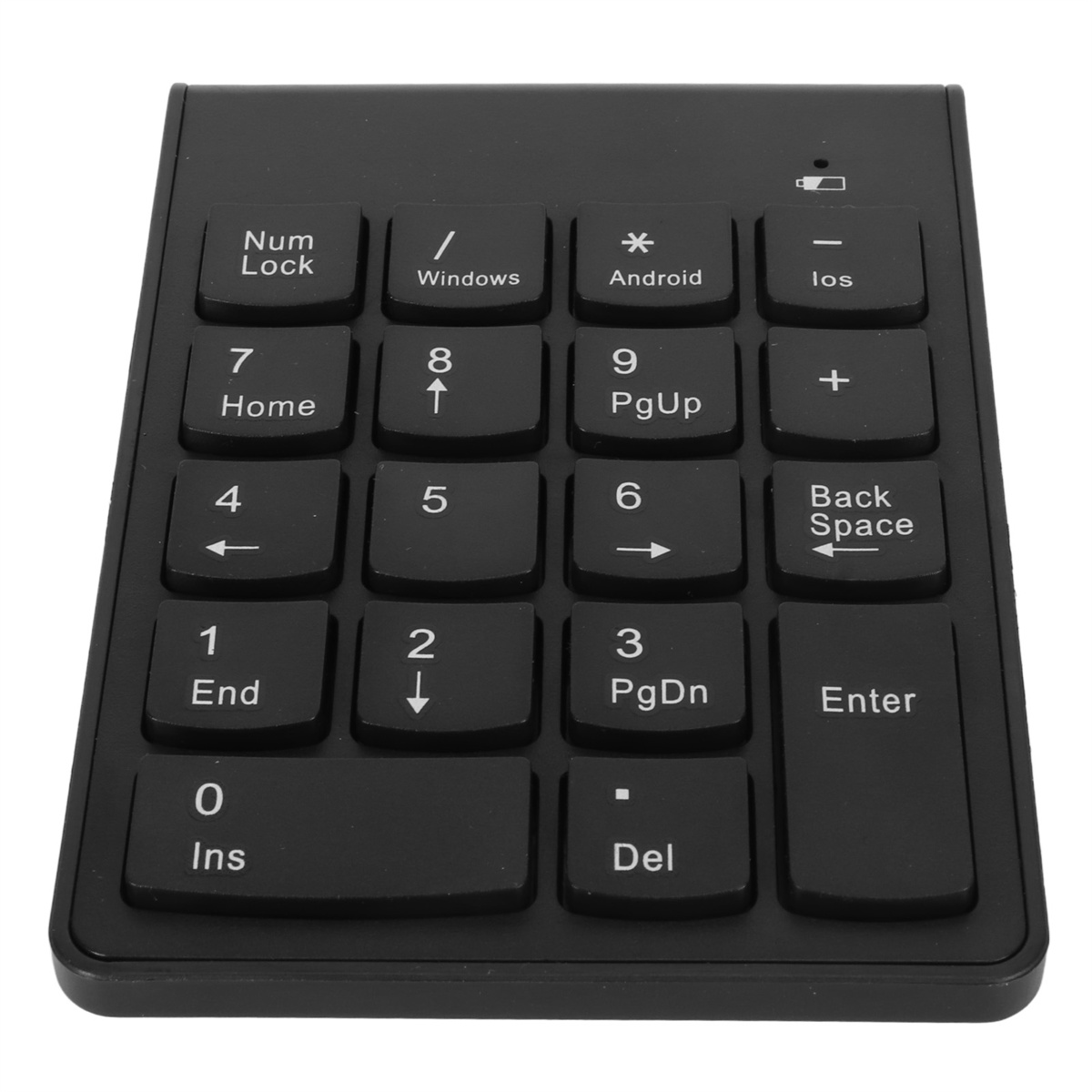 Ein schwarzer numerischer Tastenblock mit weißen Tasten. Es hat ein Standardlayout mit einer Num-Lock-Anzeige.