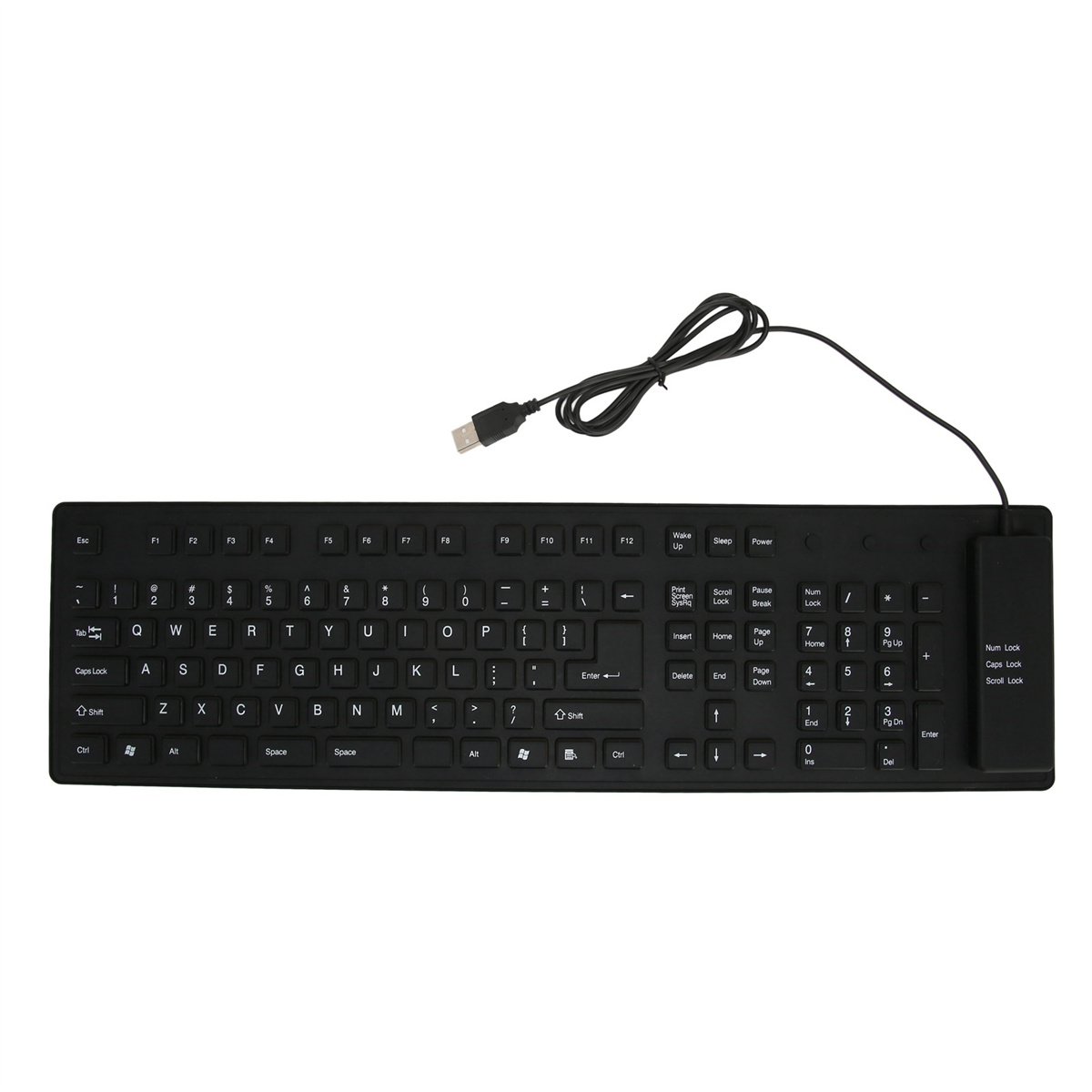 Schwarze Computertastatur mit einem USB-Kabel.
