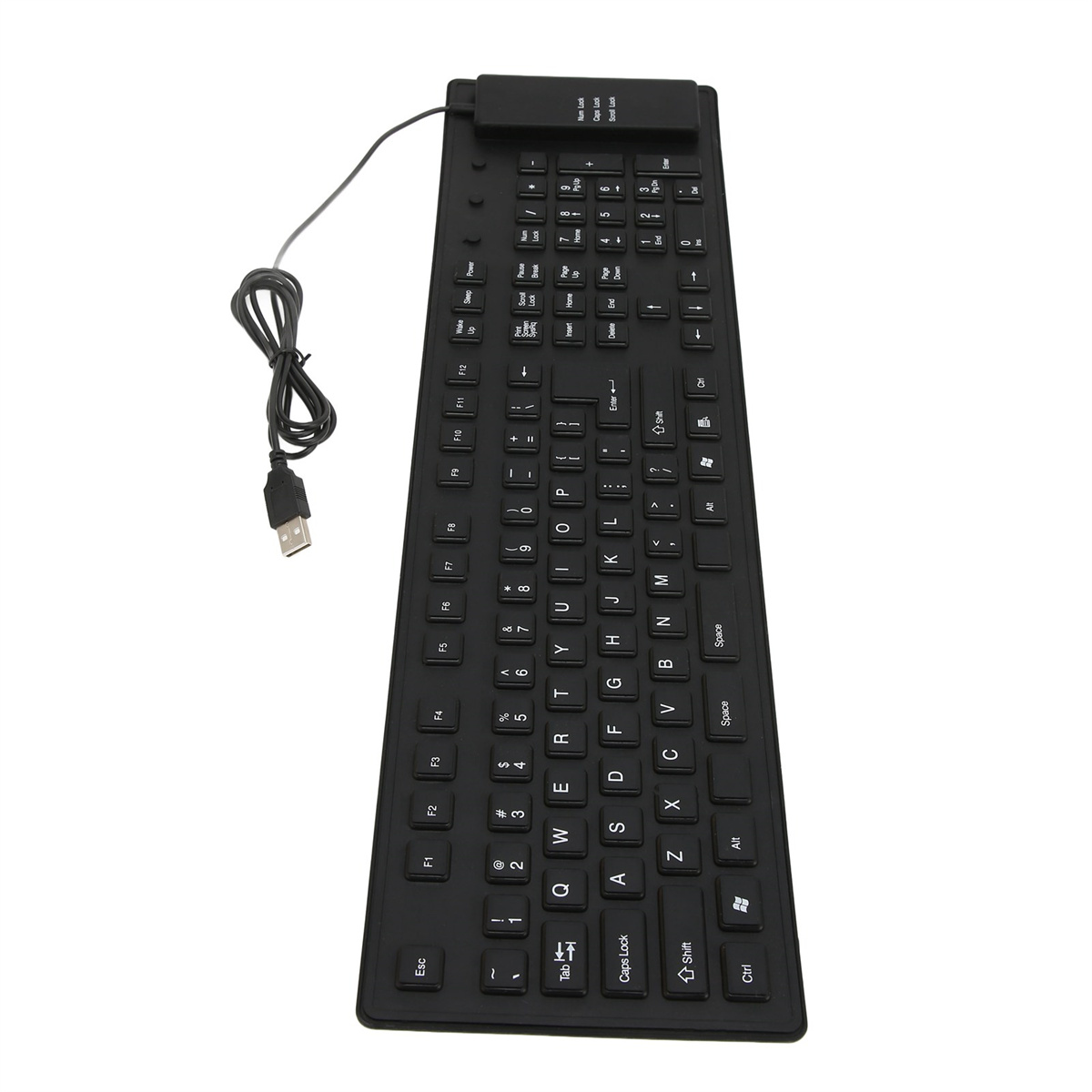 Eine schwarze, flexible Tastatur mit weißen Tasten, verbunden mit einem USB-Kabel.