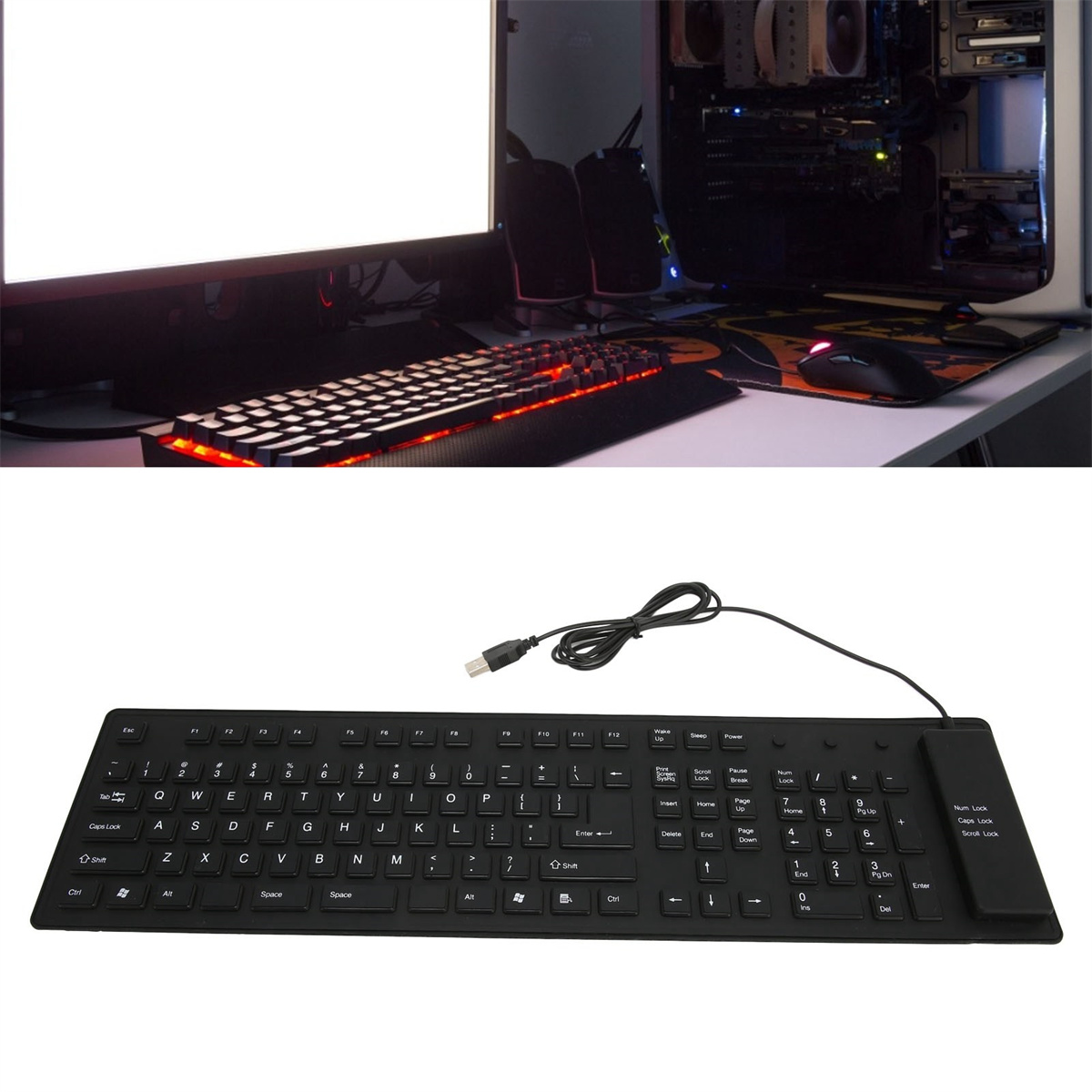 Zwei Tastaturen und ein Computer-Setup. Eine ist eine schwarze, rot beleuchtete Tastatur, die andere flach.