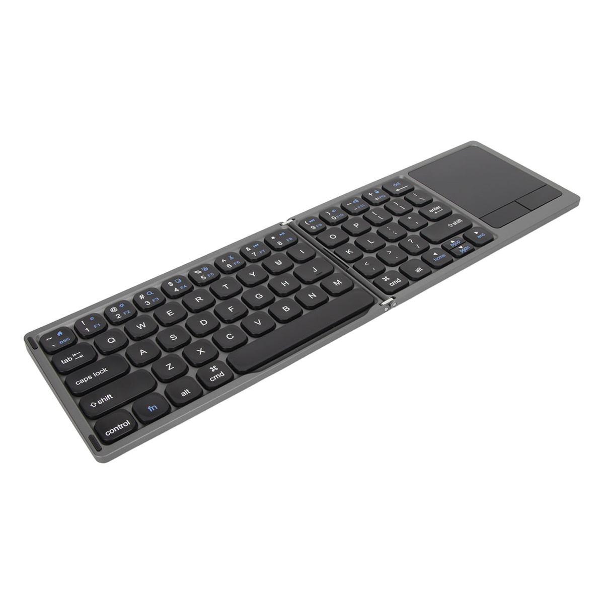 Eine faltbare Tastatur mit Touchpad. Tasten sind schwarz mit blauen und weißen Beschriftungen.