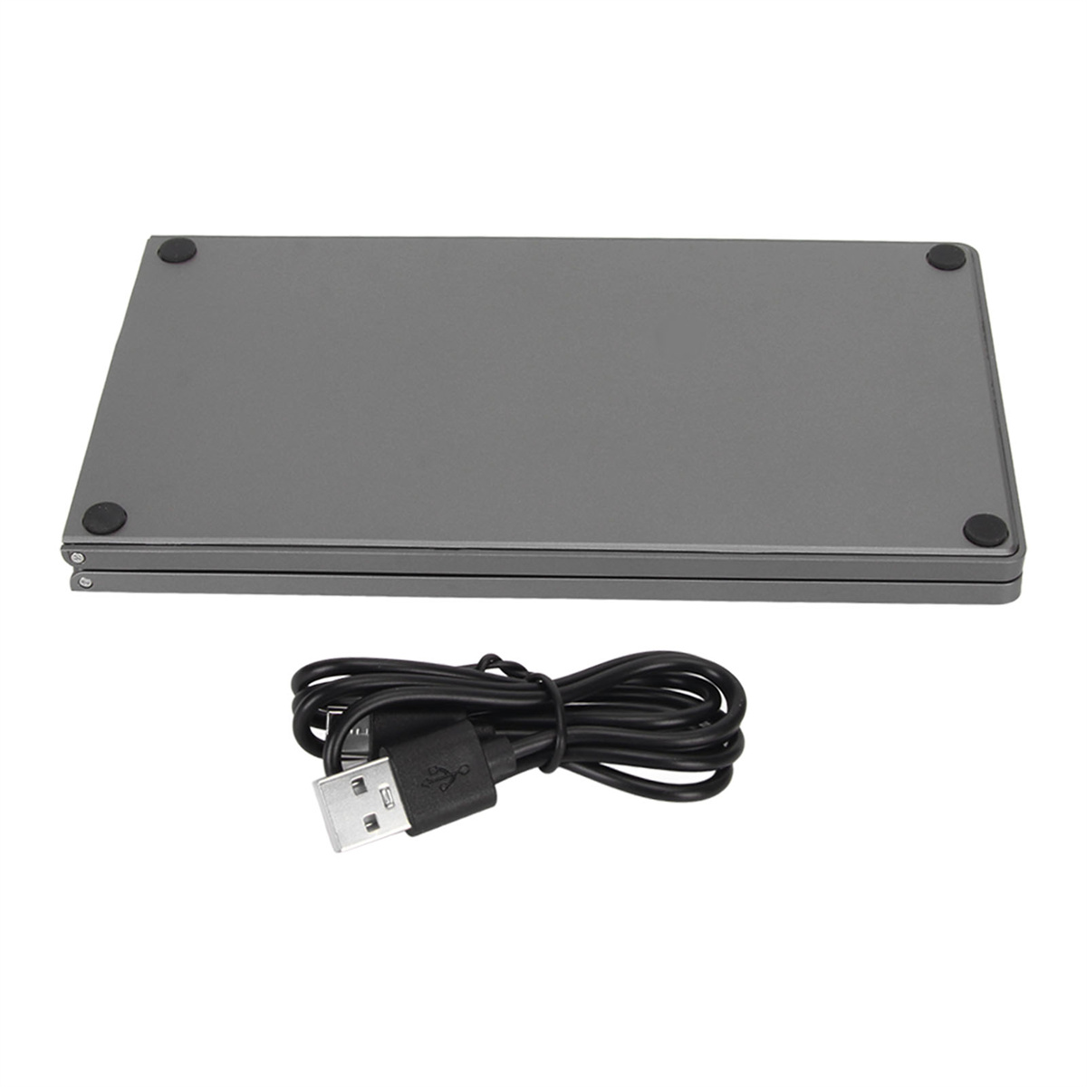 Faltbare graue Tastatur mit schwarzem USB-Kabel und Stecker. Schwarze Gummifüße.