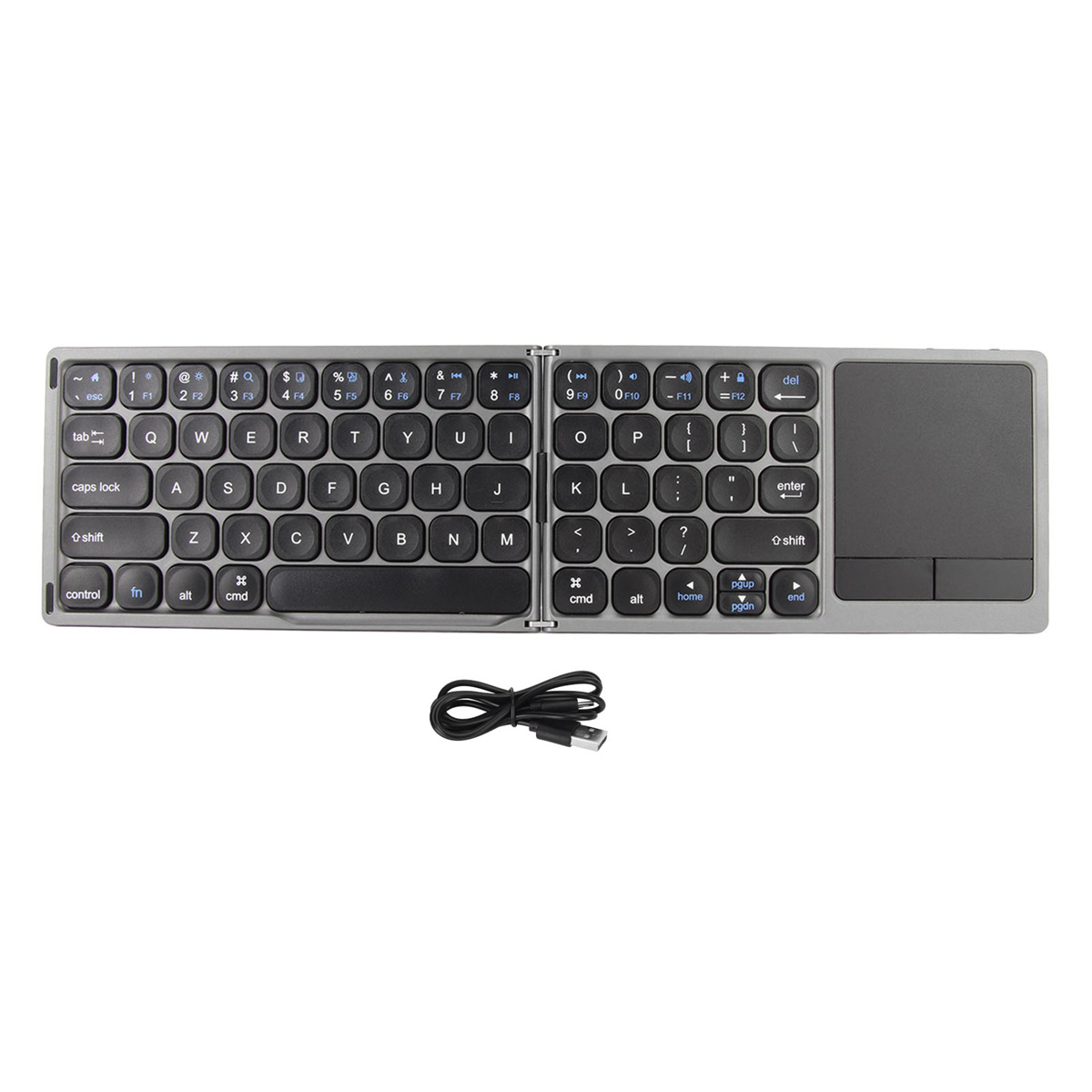 Eine silberne und graue faltbare Tastatur mit Touchpad, offen und mit einem USB-Kabel verbunden.