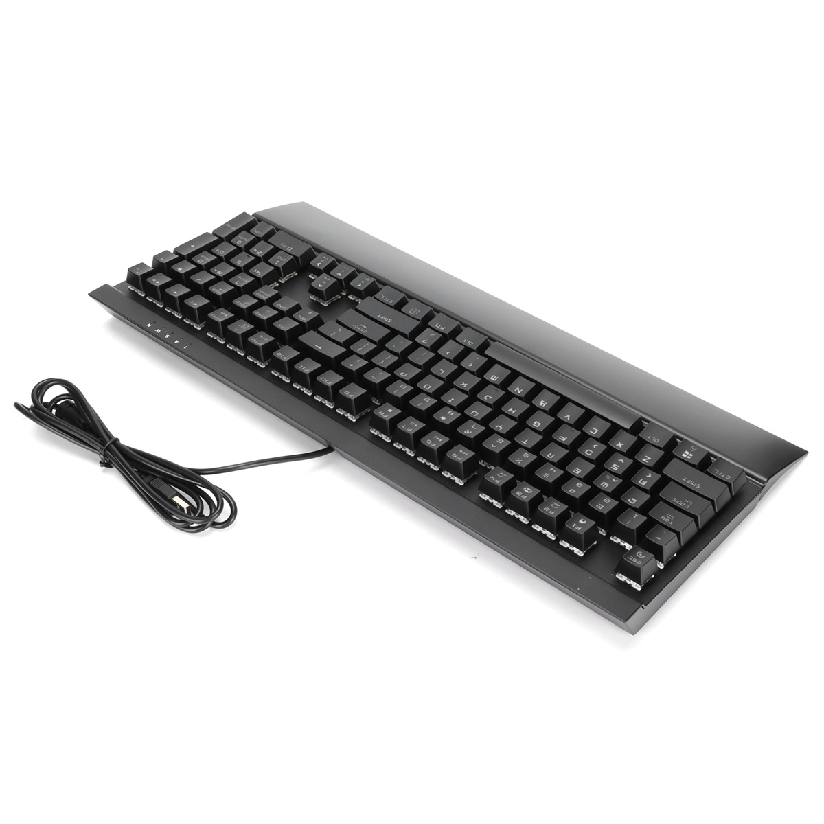 Schwarze Tastatur auf weißem Hintergrund, mit Tasten und Kabel.
