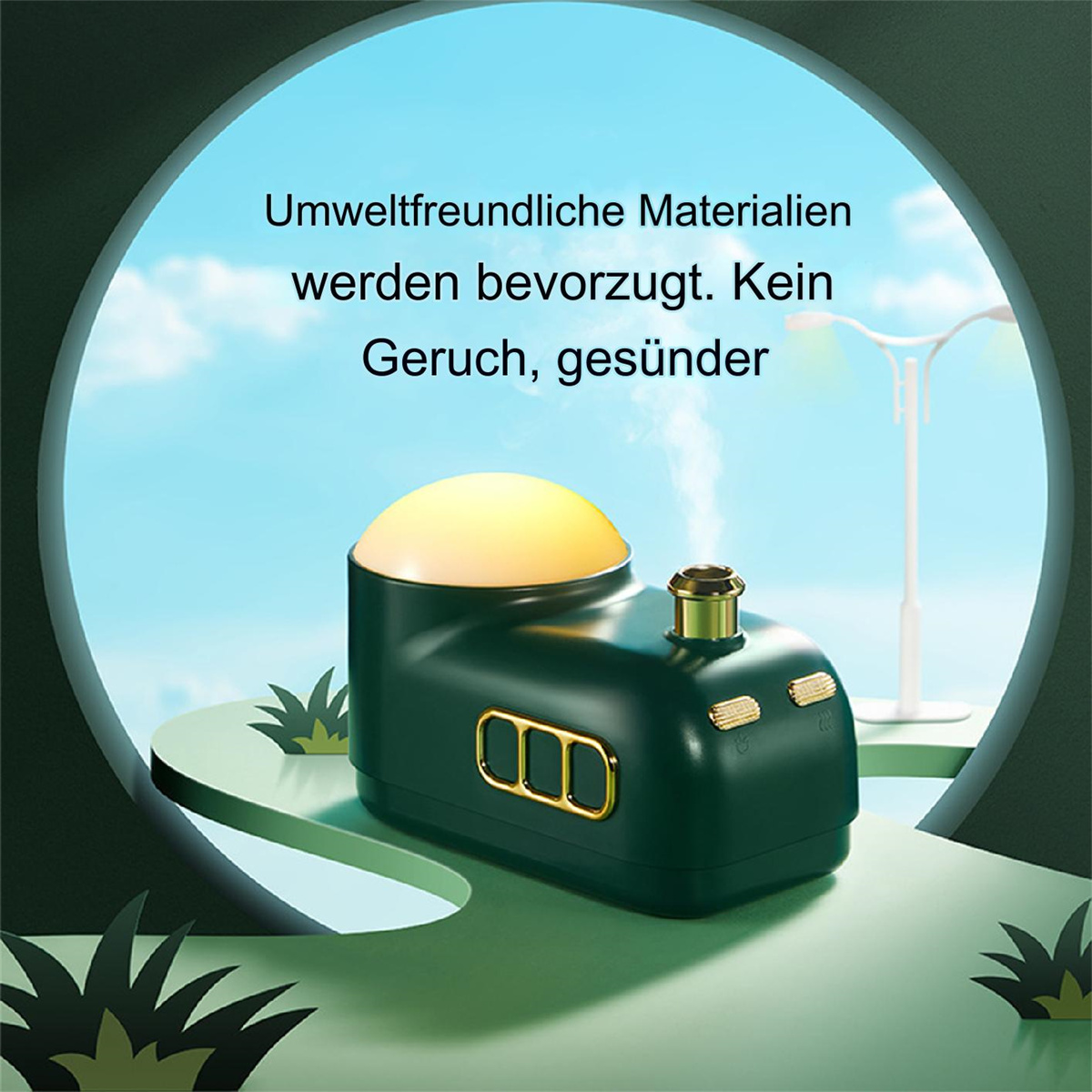 Ein grüner und goldfarbener Luftbefeuchter mit Text, der besagt, dass umweltfreundliche Materialien bevorzugt werden, kein Geruch, gesünder.