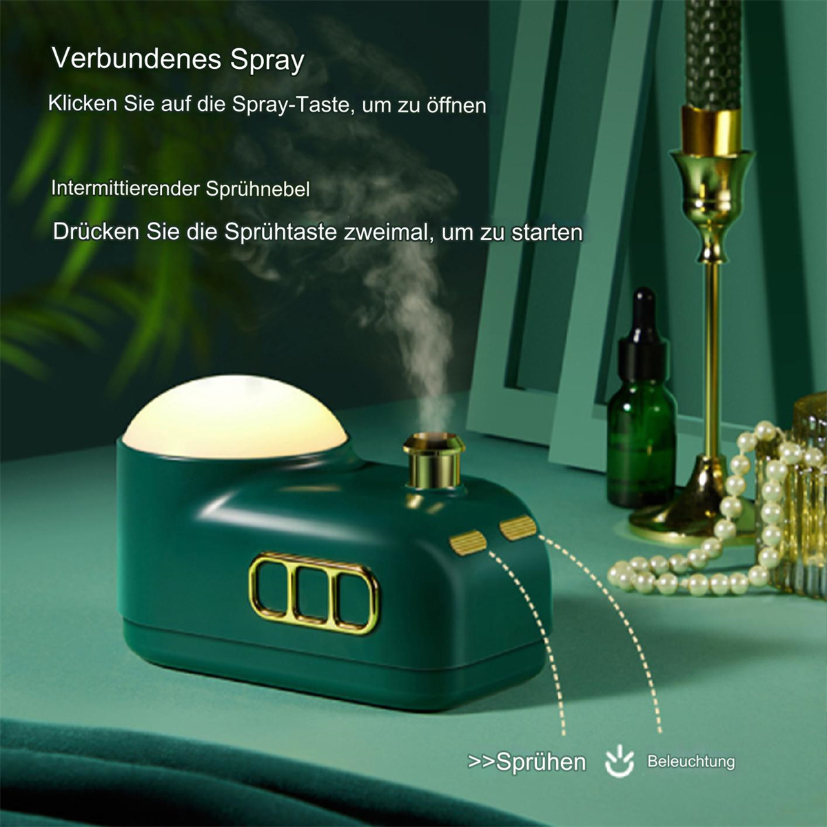 Ein grüner Luftbefeuchter mit Licht und Text: 'Verbundenes Spray'.