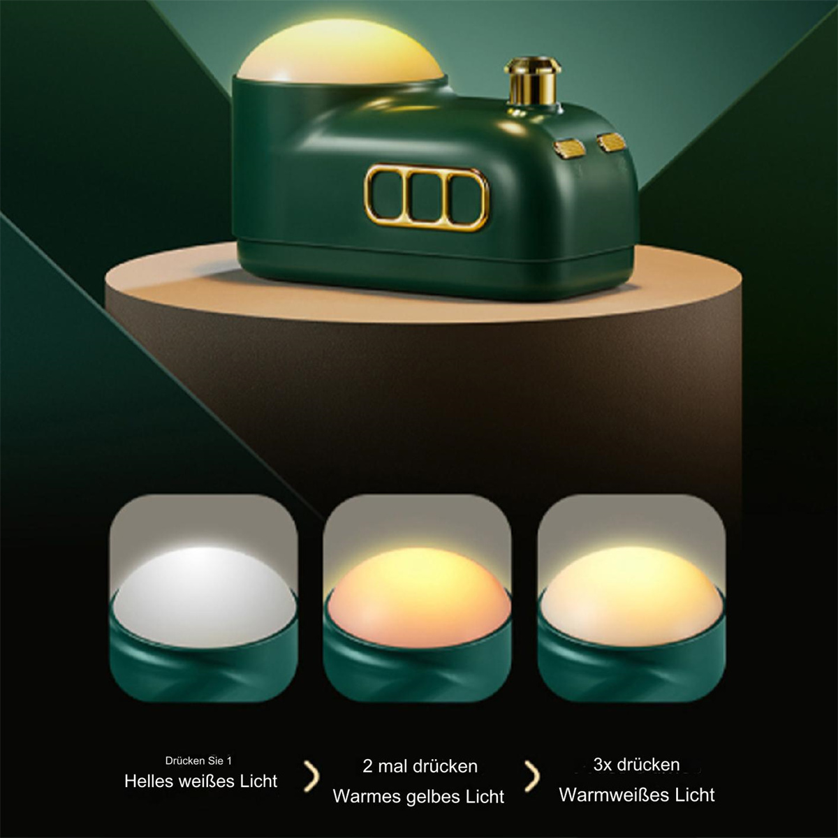Eine grüne, zugförmige Lampe mit drei Beleuchtungsoptionen: weiß, gelb und warmweiß.