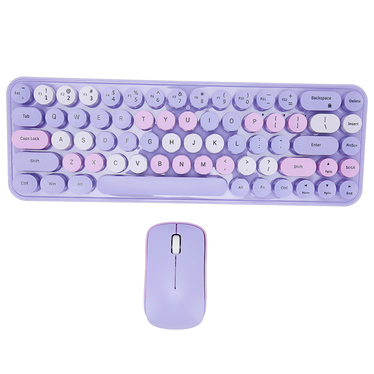 Lila Tastatur und Maus-Set. Die Tastatur hat runde Tasten. Die Maus hat ein einfaches, stromlinienförmiges Design.