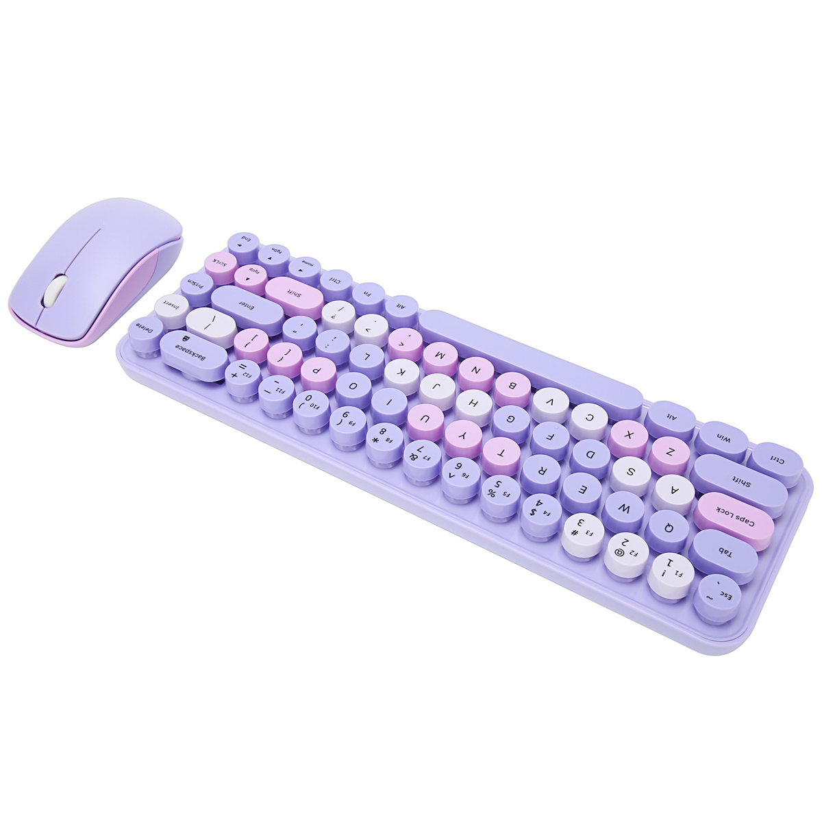 Ein lila Tastatur- und Maus-Set. Die Tastatur hat runde Tasten.