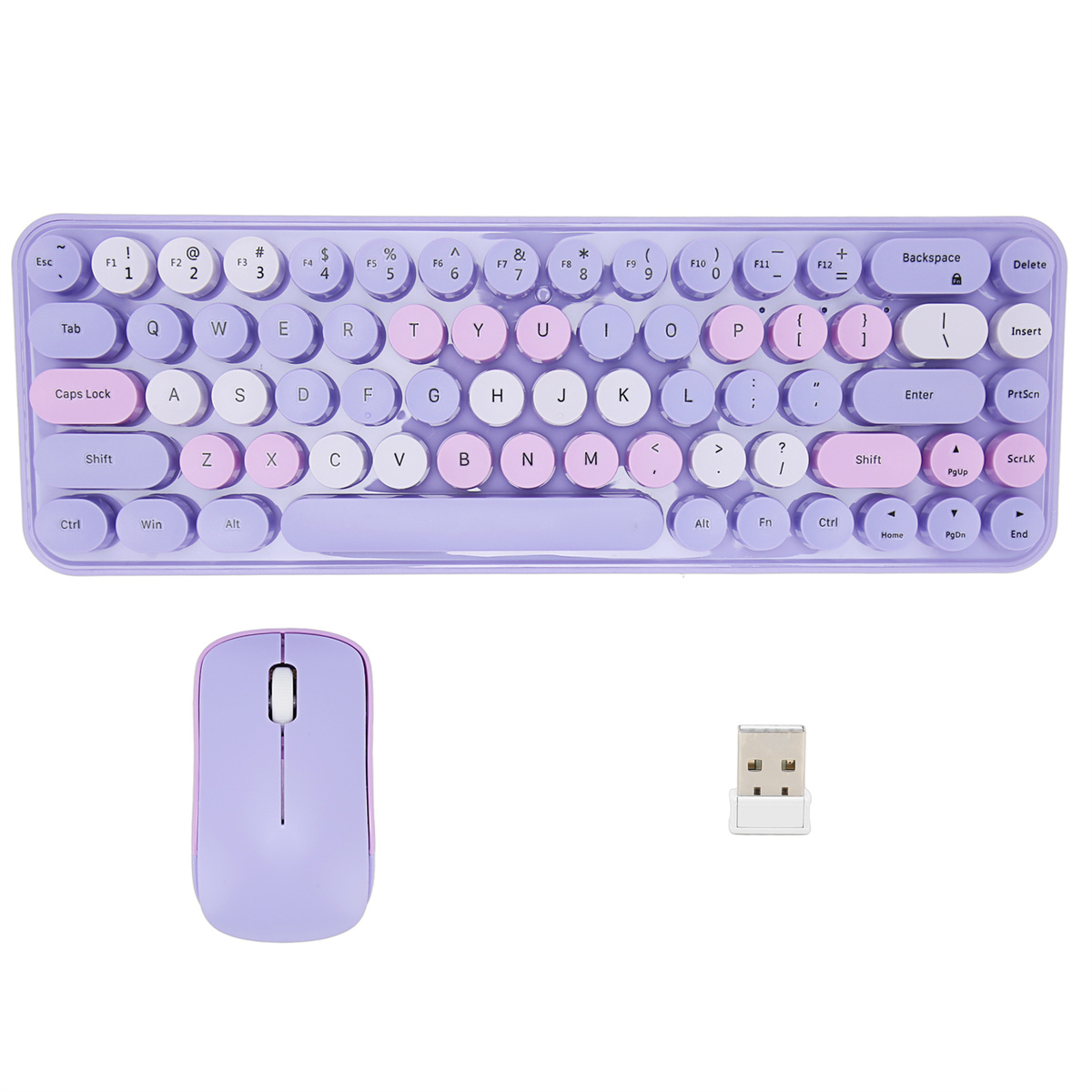 Ein lila Tastatur- und Maus-Set. Die Tastatur hat runde Tasten. Ein USB-Empfänger ist enthalten.