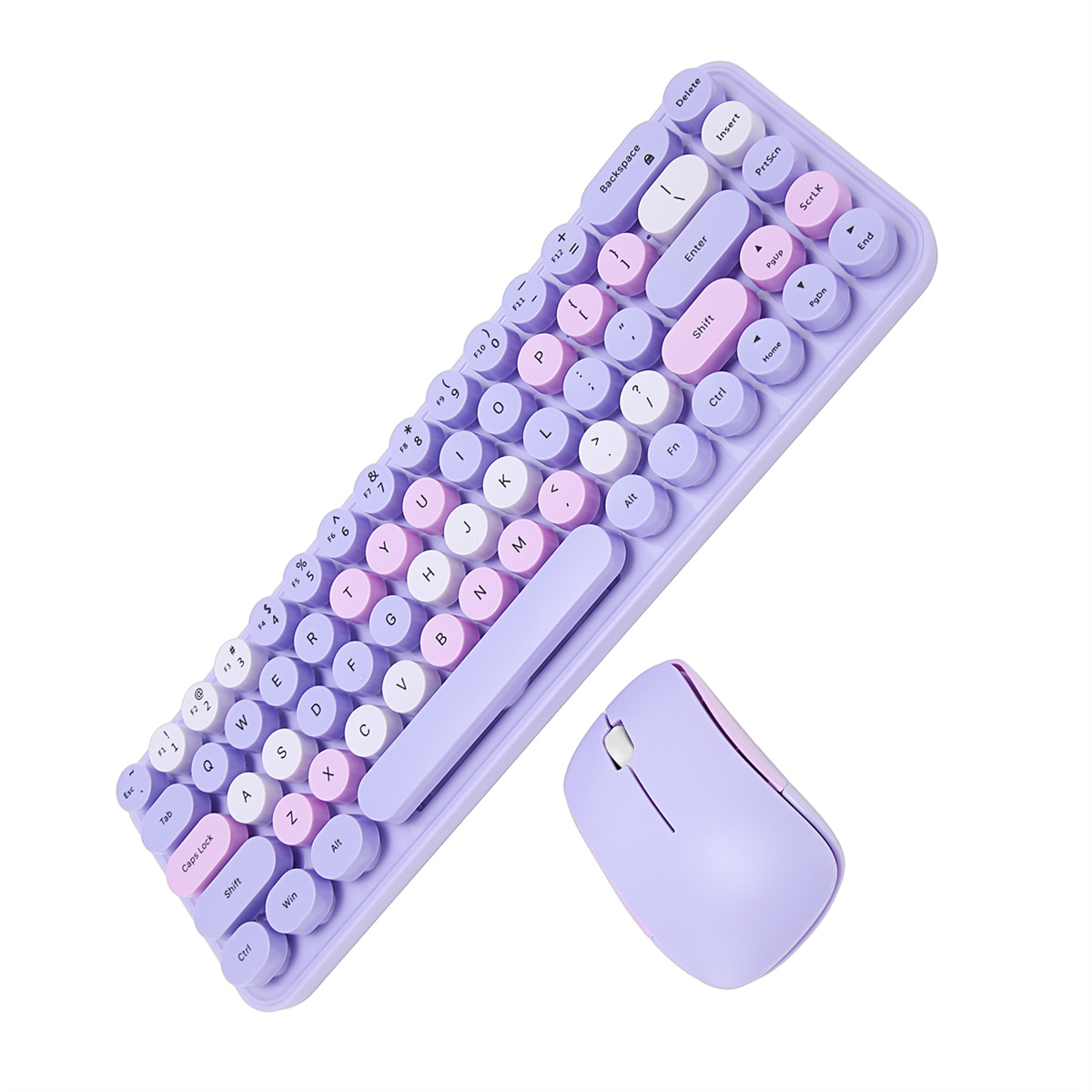 Eine lavendelfarbene Tastatur- und Maus-Kombi. Die Tastatur hat runde Tasten mit weißen Buchstaben und rosa Akzenten.