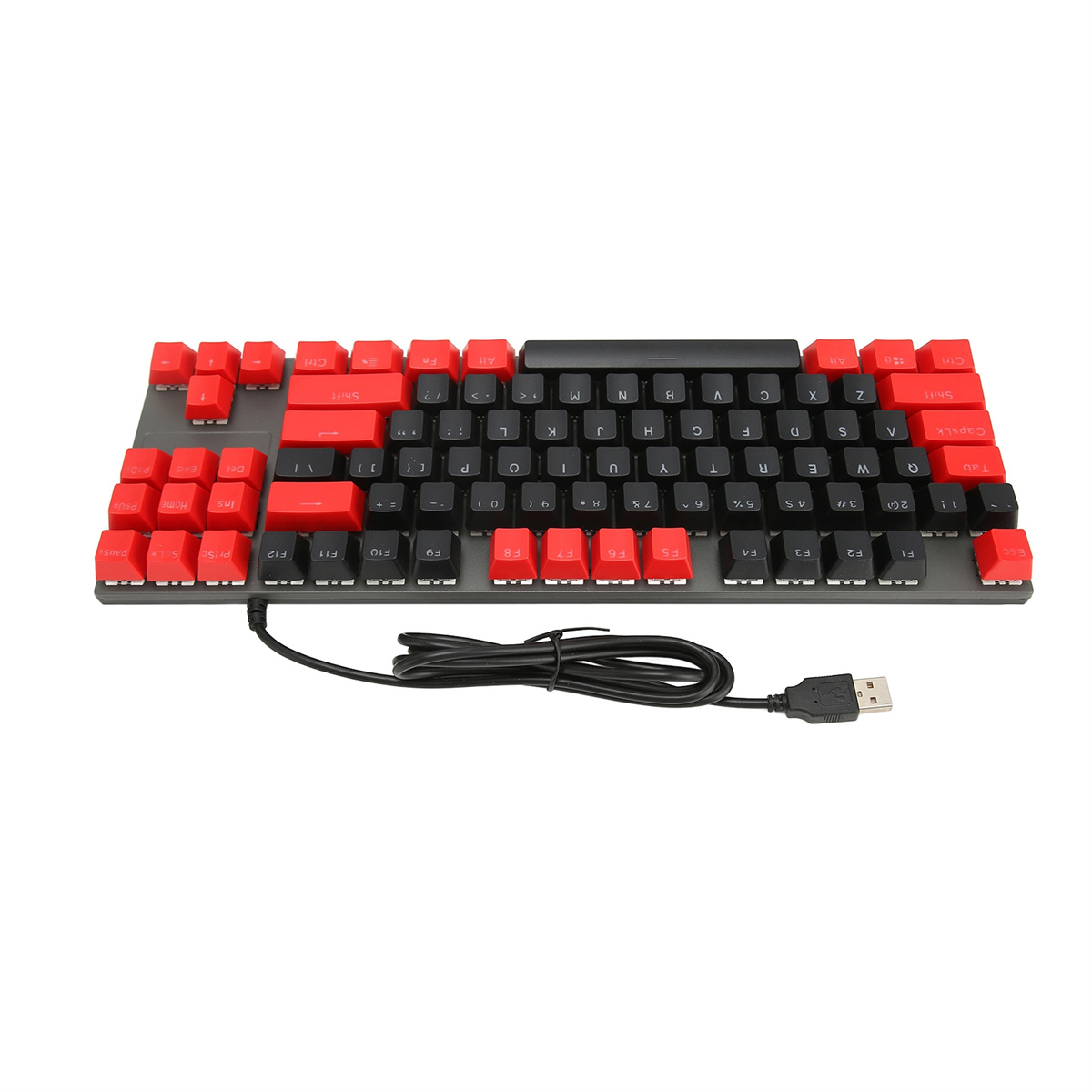 Eine mechanische Tastatur mit schwarzen und roten Tasten und einem USB-Kabel.