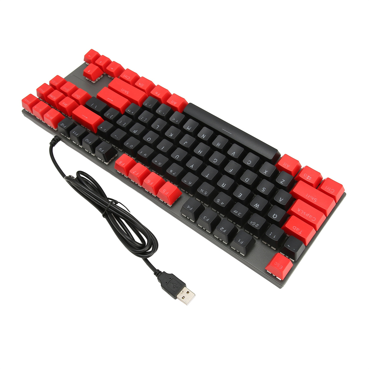 Eine mechanische Tastatur mit roten und schwarzen Tasten. Ein USB-Kabel ist angeschlossen.