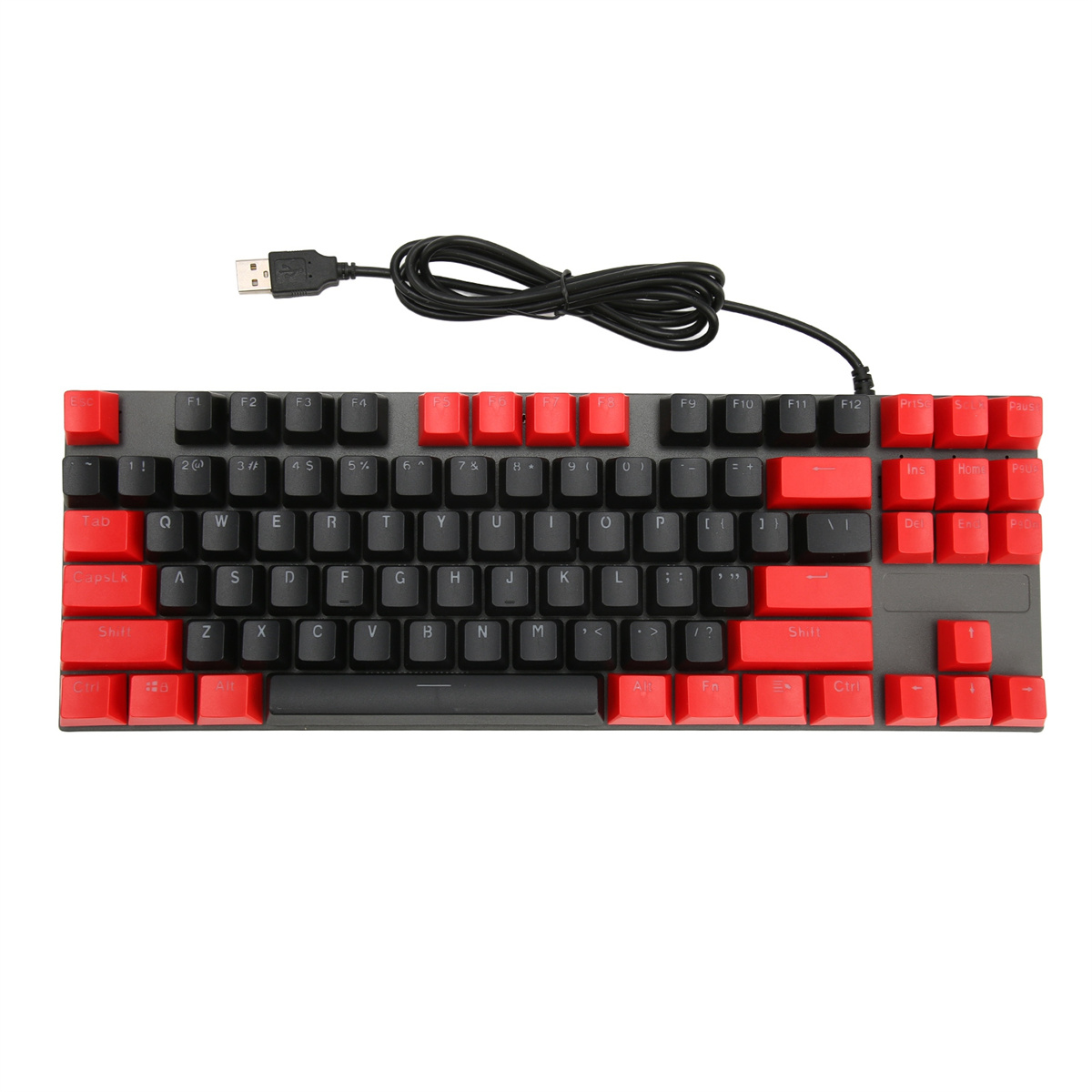Schwarze und rote mechanische Tastatur mit USB-Kabel auf weißem Hintergrund.