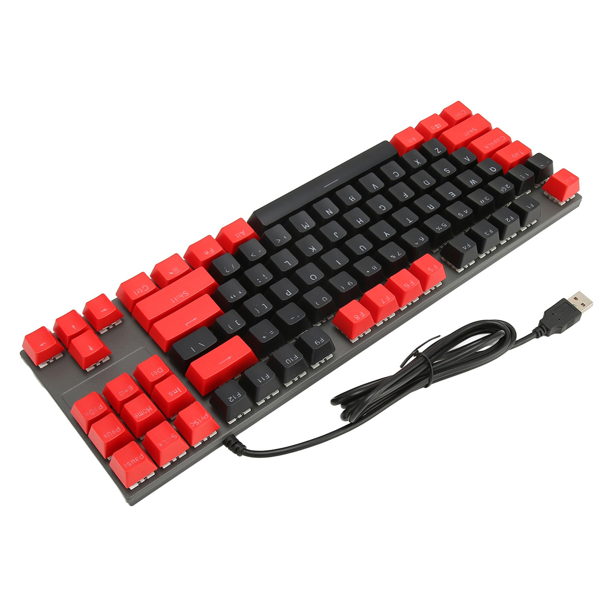 Eine schwarze Tastatur mit roten Tasten und einem USB-Kabel.