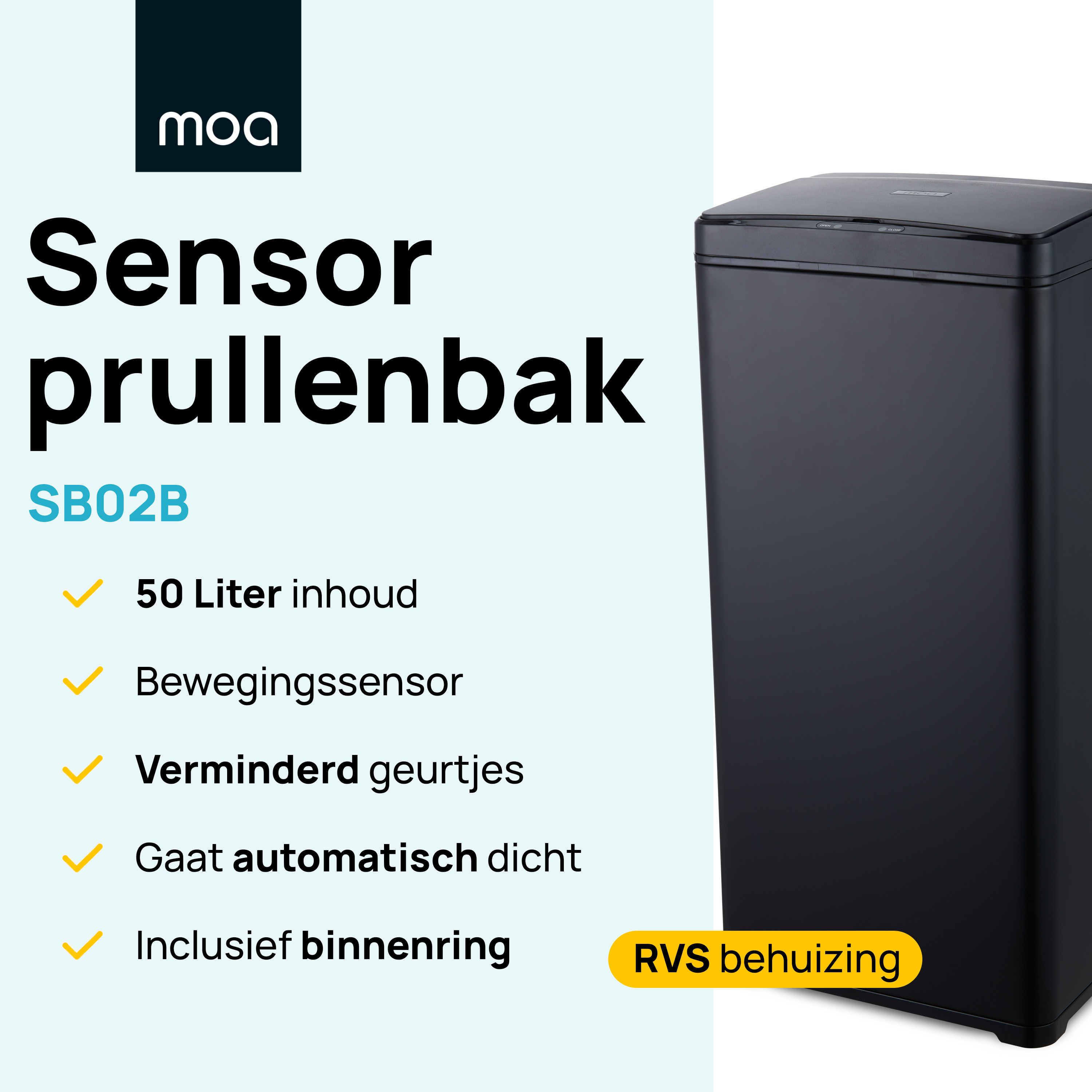 A black sensor trash can with text about features such as a 50-liter capacity and a sensor.