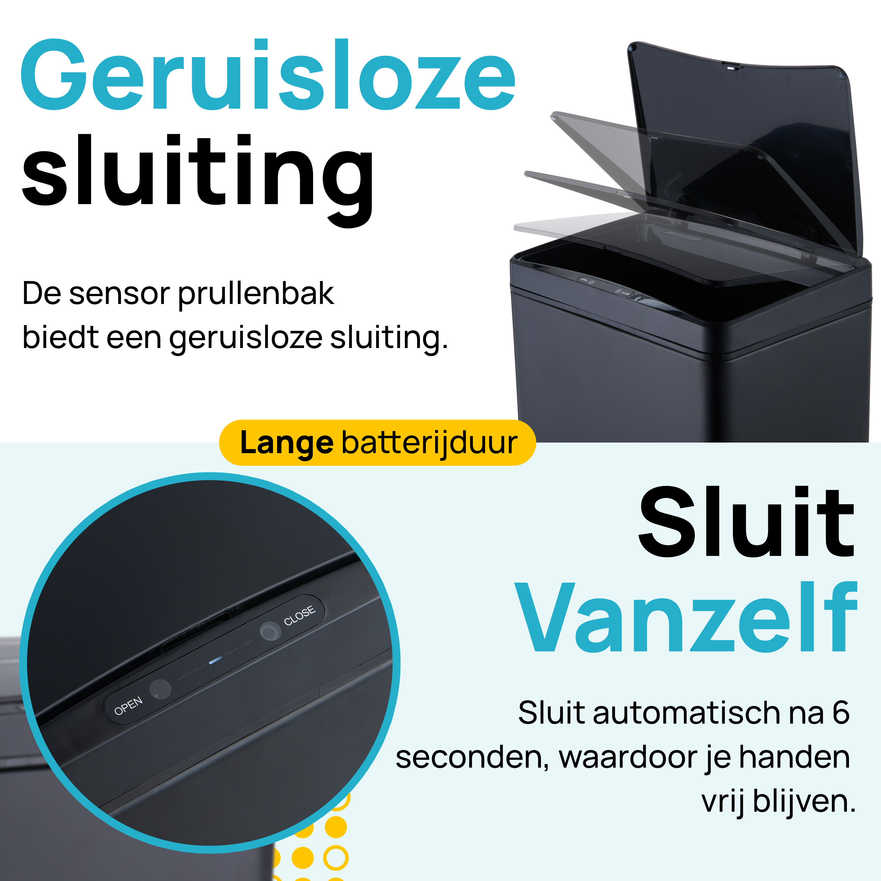 Black trash can with a lid. Text: Silent closing. Auto closes after 6 seconds. Close button.