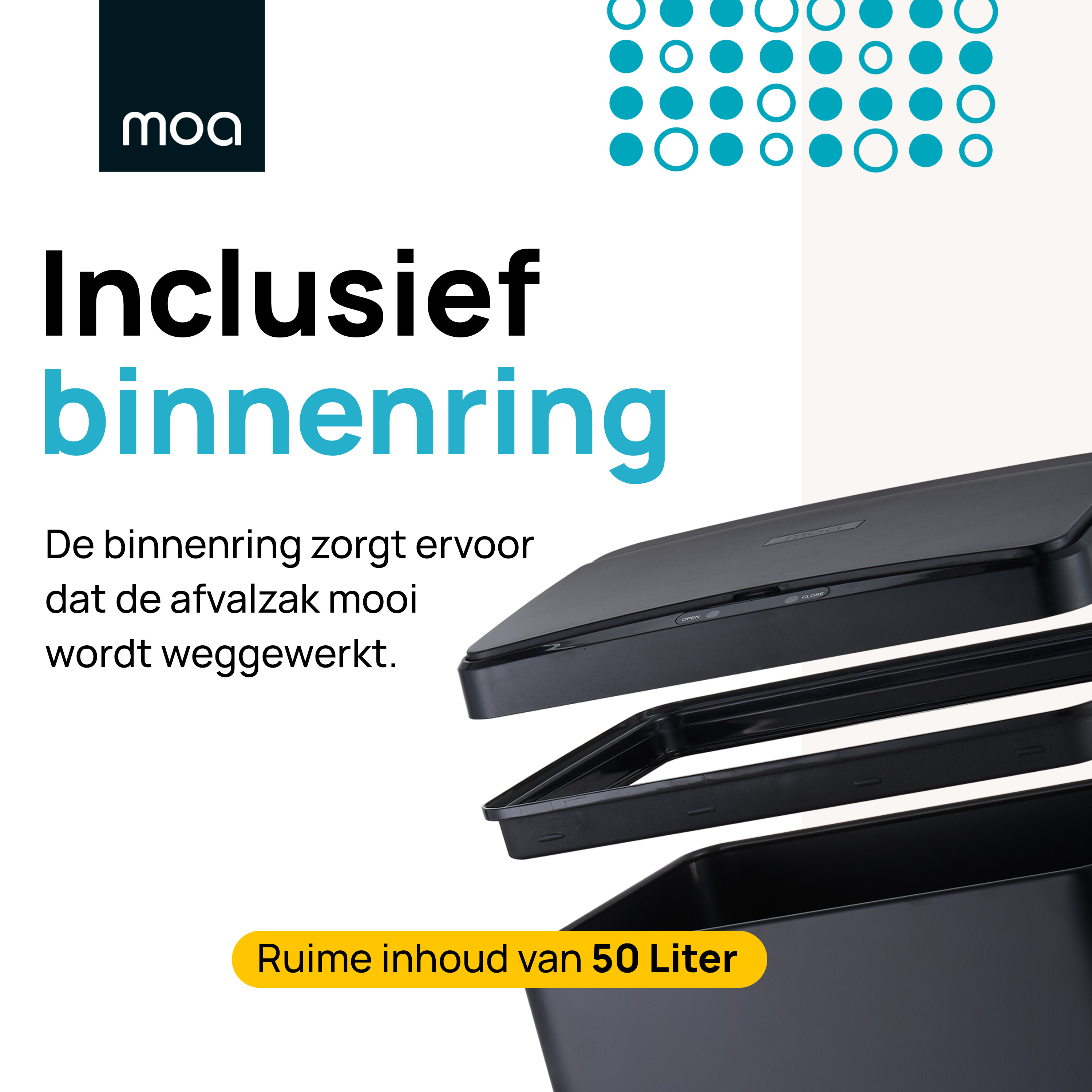 Black trash can with a lid and inner ring, text says 'Ruime inhoud van 50 Liter'.