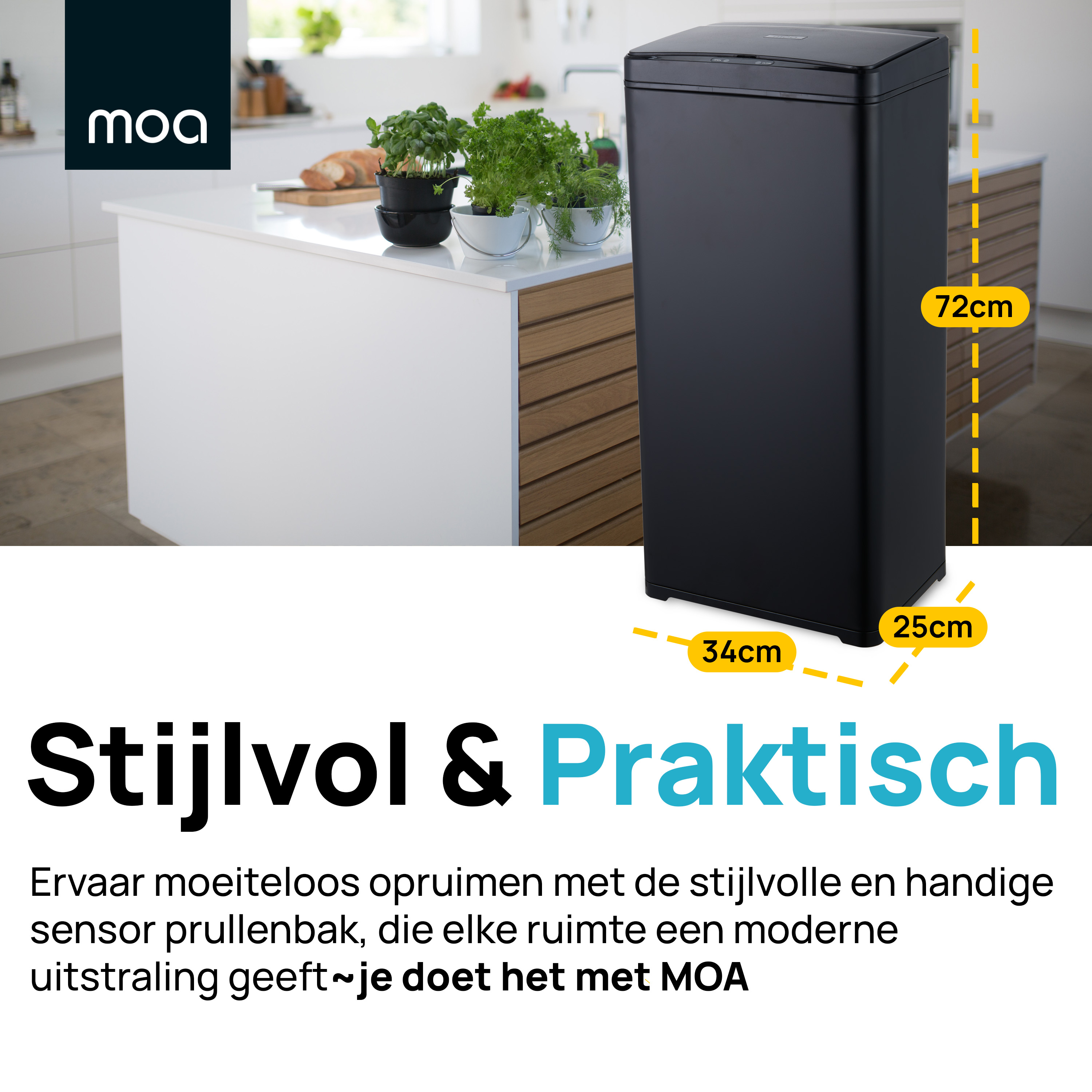 Black trash can with dimensions. White kitchen island visible in the background.