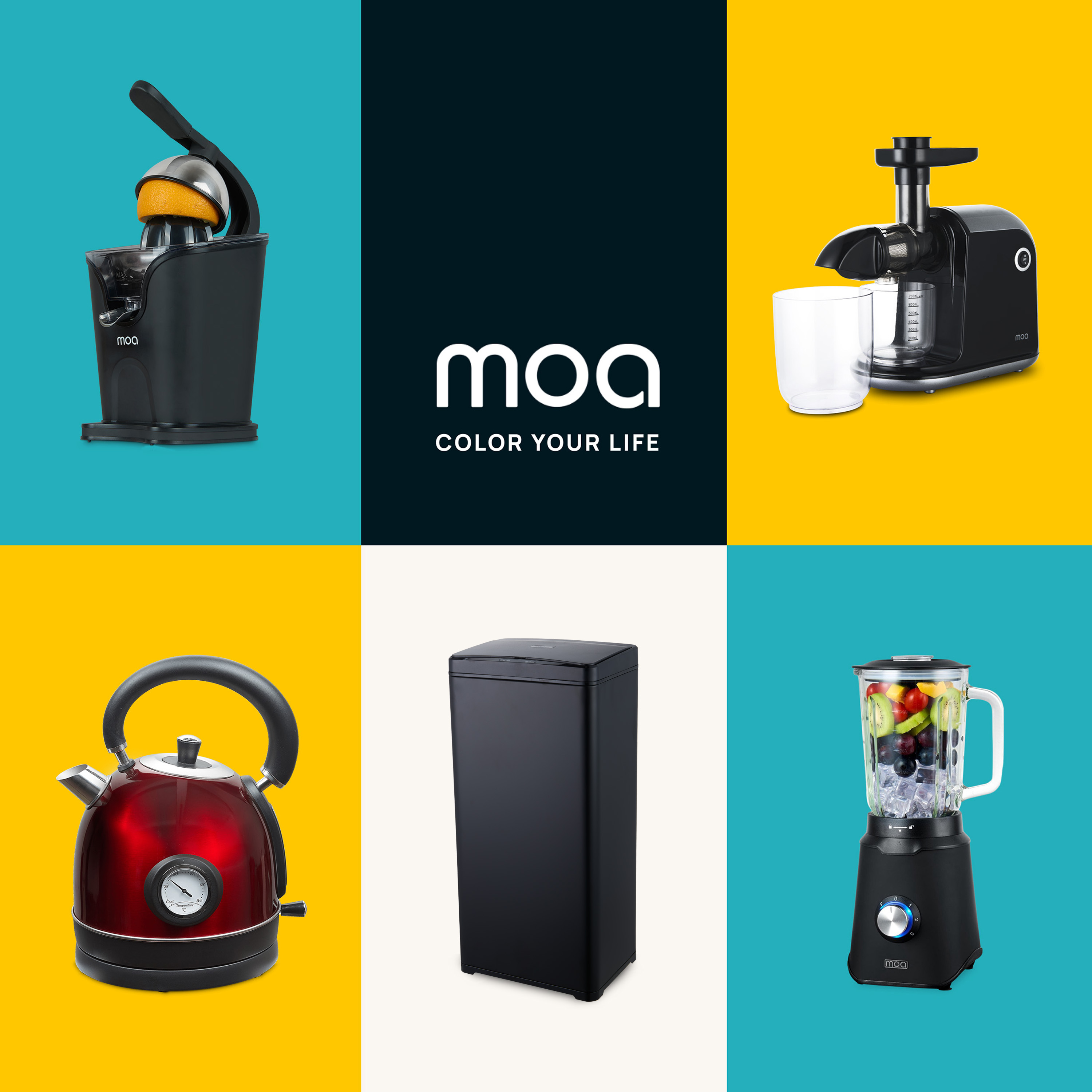 Various kitchen appliances, including a juicer, blender, and kettle, arranged on colorful backgrounds.